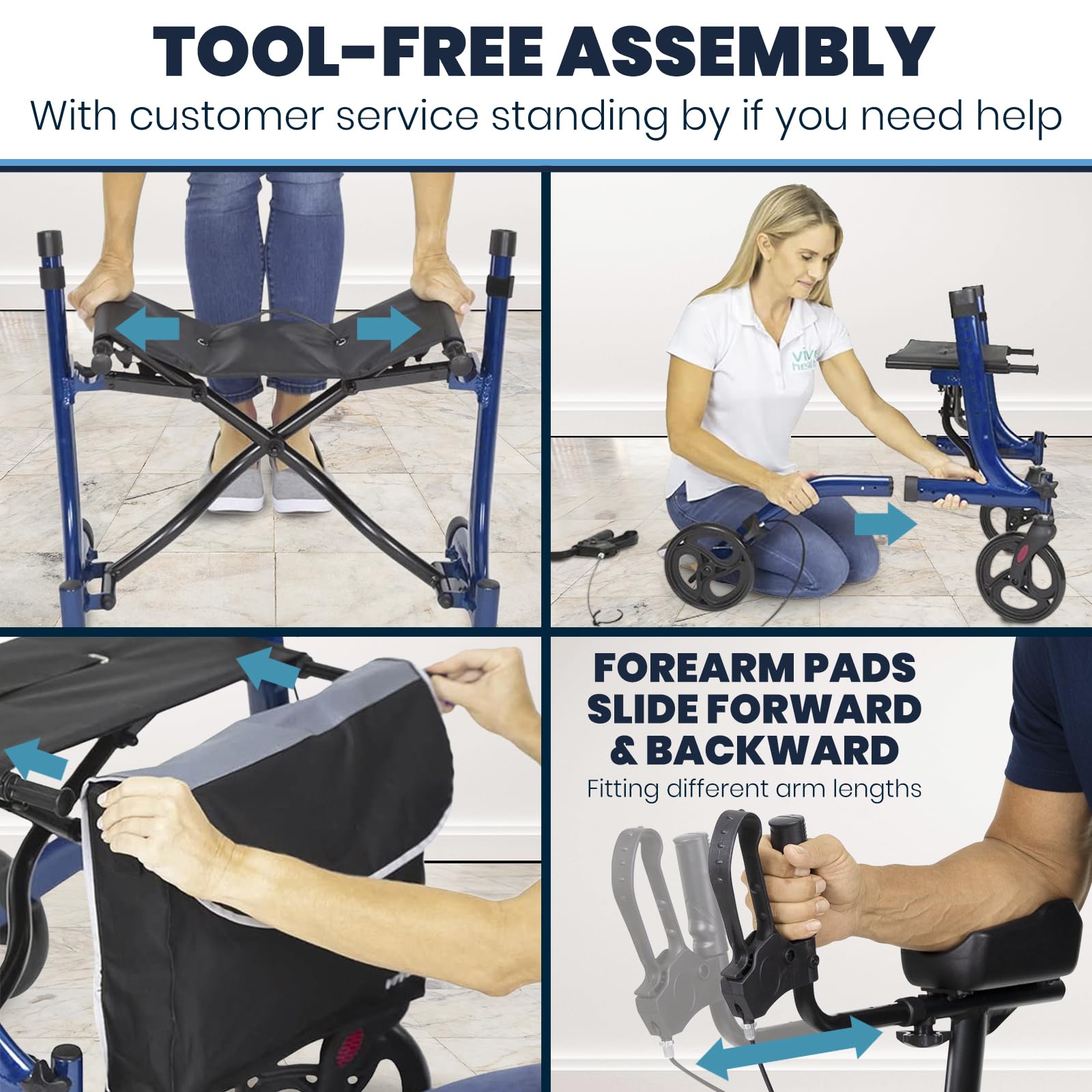 Vive Mobility Upright Walker with Seat, for Seniors, Women - Stand Up Rollator, Arm Rests, Heavy Duty, Folding Medical Aid Scooter for Elderly, Seniors - Walking Foldable Assist (Blue, Black Bag)