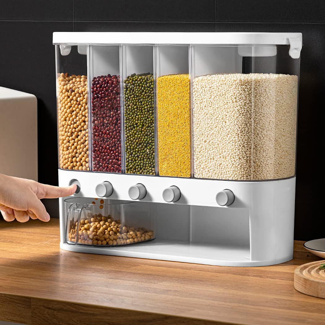 Conworld Dry Food Dispenser, Wall mounted 5 Grid Grain Dispenser, Rice Dispenser 25 Pounds Kitchen Storage with Measuring Cup, Not Suitable for Cereal, Cashews, Trail Mix, Suitable for Rice, Beans