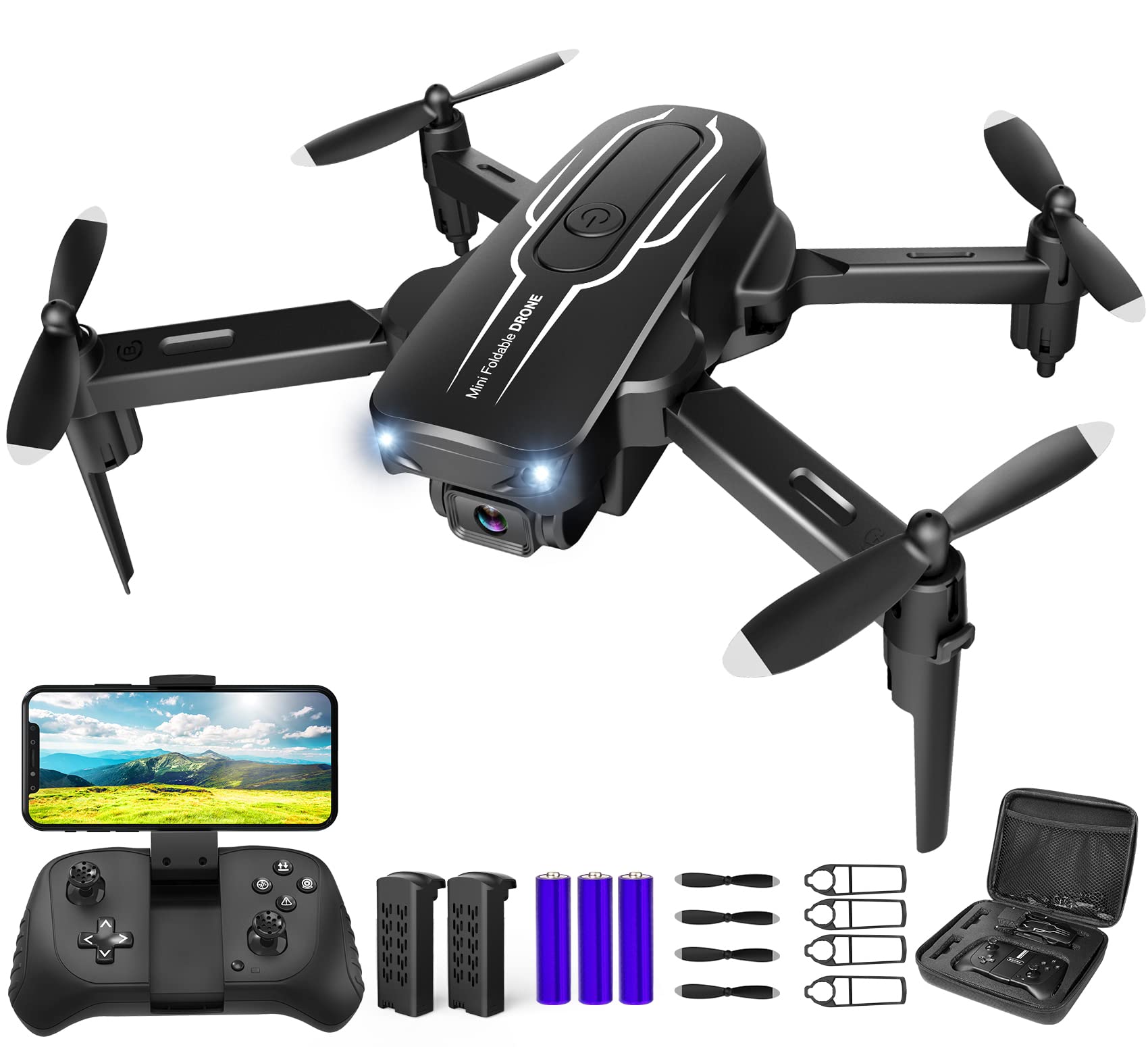 Mini Drone with Camera for Adults Kids - 1080P HD FPV Camera Drones with 90 Adjustable Lens, Gestures Selfie, One Key Start, 360 Flips, Toys Gifts RC Quadcopter for Boys Girls with 2 Batteries