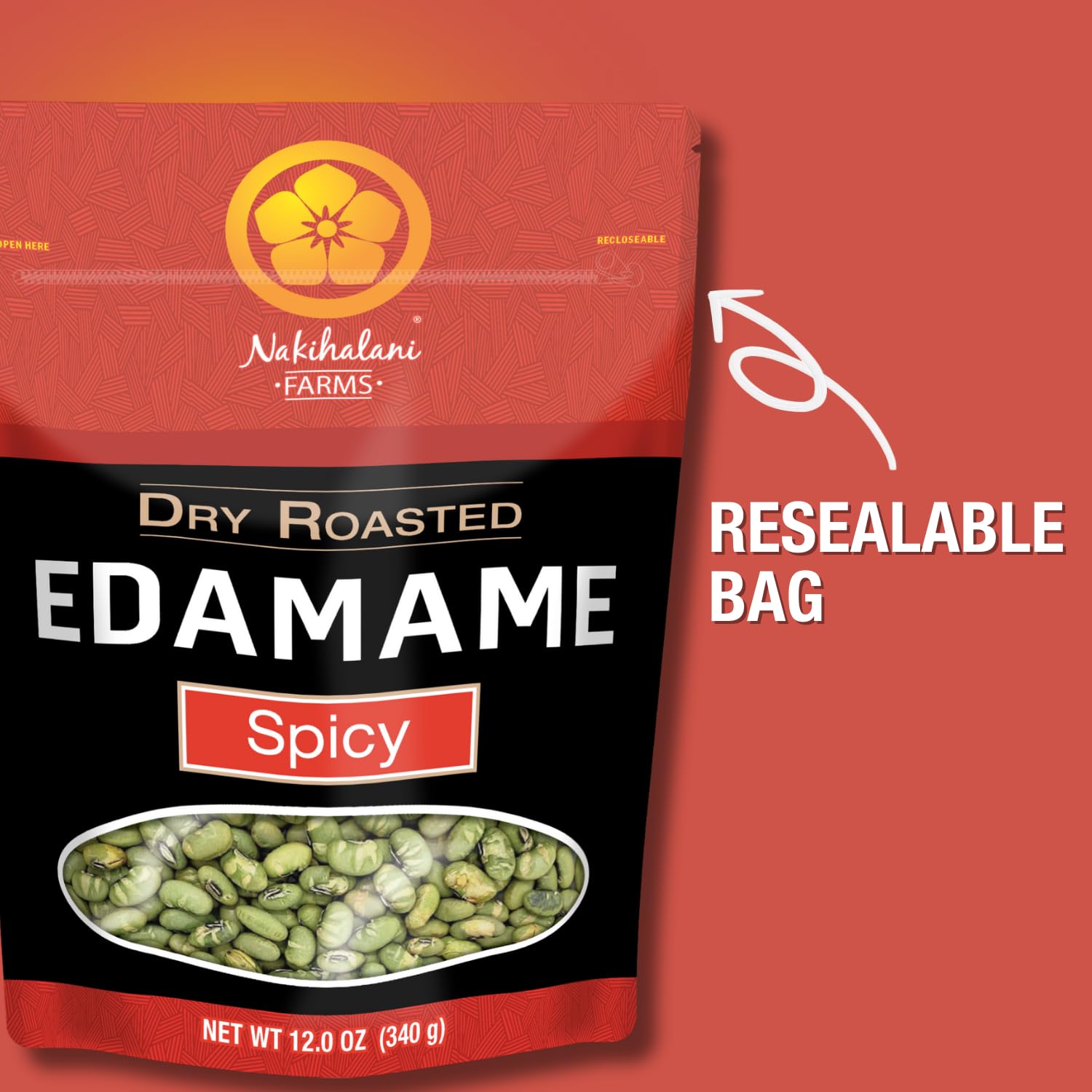 Spicy Dry Roasted Edamame by Nakihalani Farm (12 oz) | Non-GMO Crunchy Soybeans | Plant-based High Protein Snack for Adults & Kids | Gluten-Free, Keto-Friendly, Nut-Free, Vegan | Resealable Bag