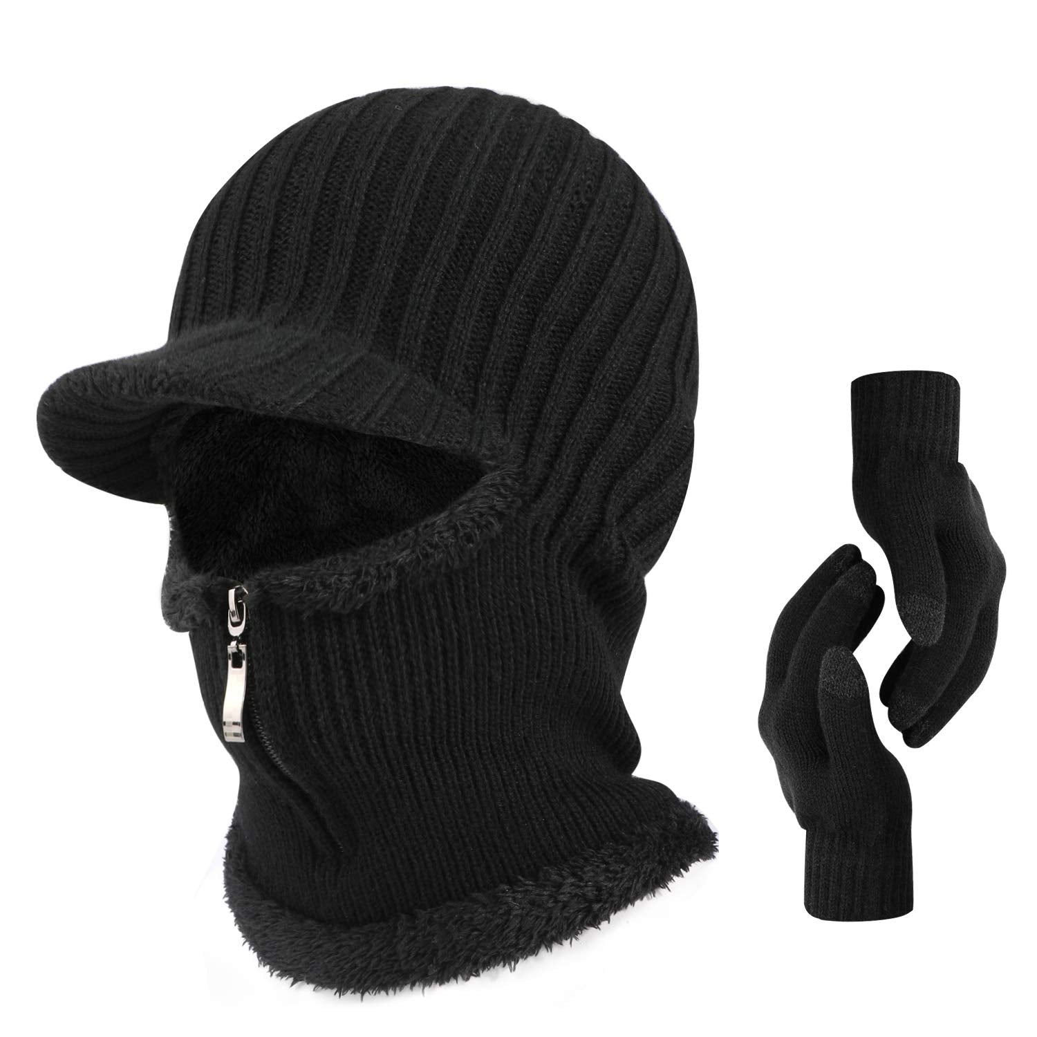 TAGVO Winter Unisex Knitted Balaclava Face Mask Cover with Touch Screen Gloves, Thick Warm Fleece Lining Beanies Hat Elastic Neck Warmer, Windproof Thermal Skiing Mask for Adults Outdoor Sports