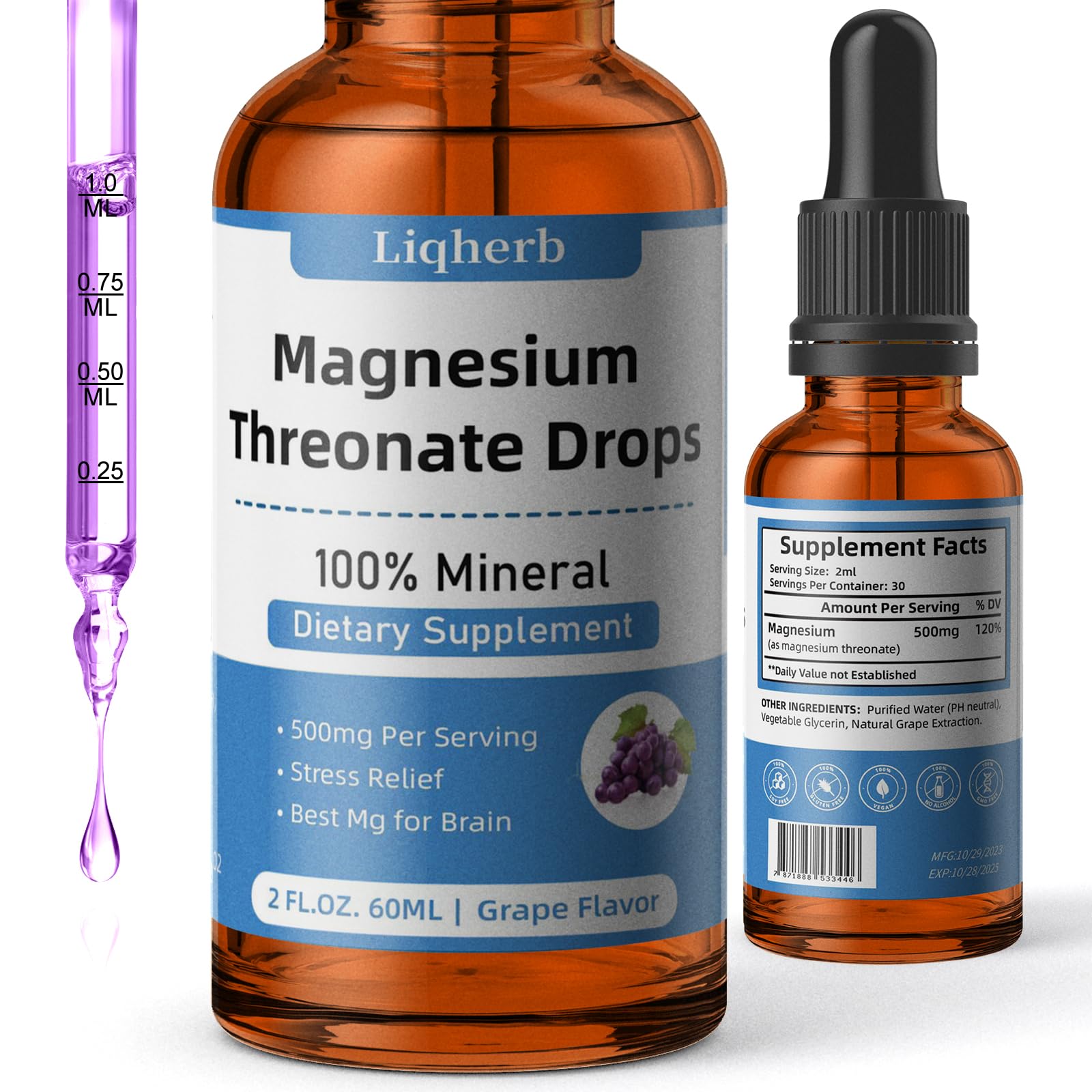 Magnesium Threonate Liquid 500mg, for Adults &Kids, Vegetable Glycerin Base with Better Dissolve, Best Mg for Brain Health, Stress & Muscle Relief, Nerve Health, Non-GMO, Gluten-Free, Vegan, 2 FL.OZ.