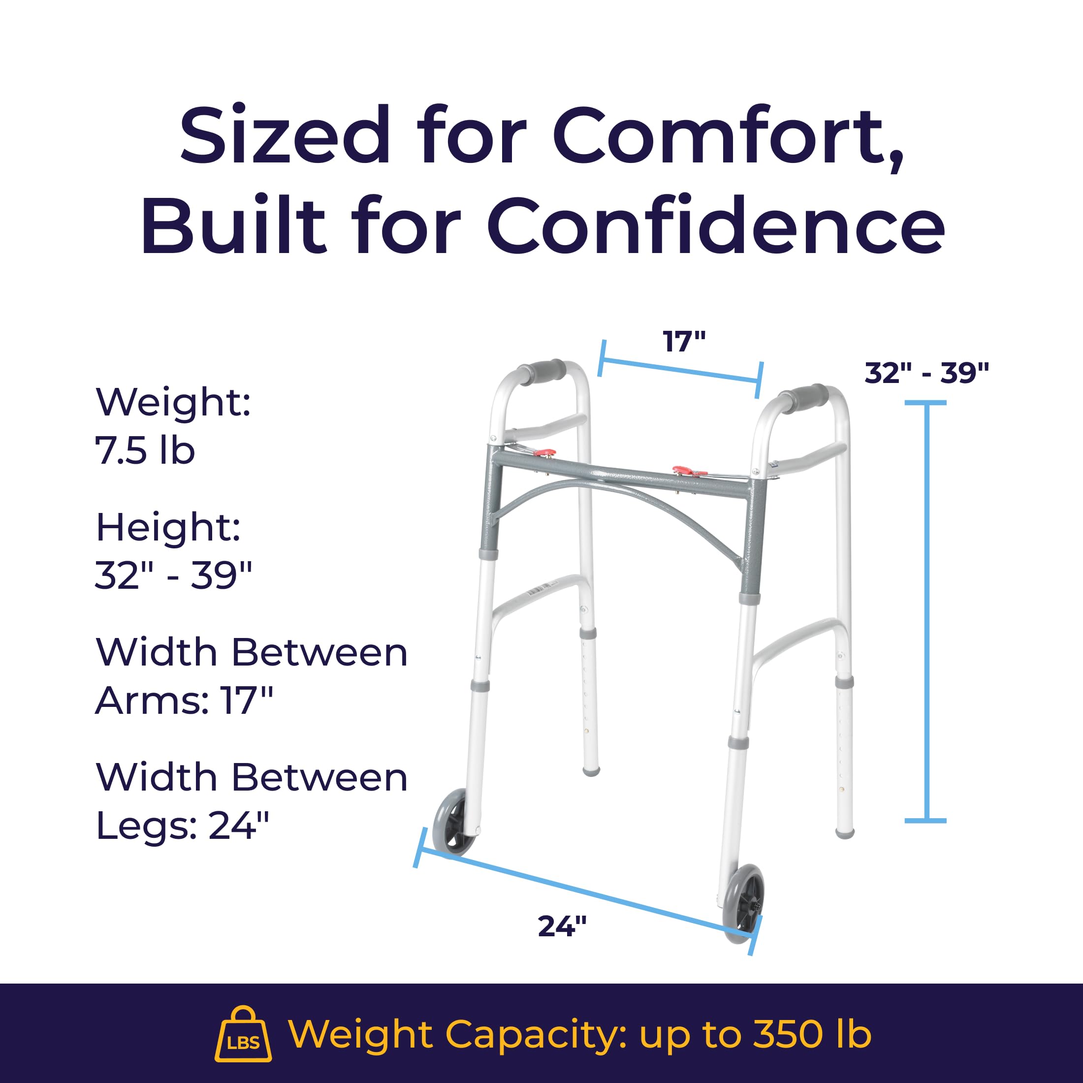 Drive Medical Two-Button Folding Walker w/ Wheels - Lightweight Rolling Mobility Support - Desk Arms - Adjustable Height - Dual Push-Button Operation - 5 Inch Front Wheels - Durable Aluminum - Silver