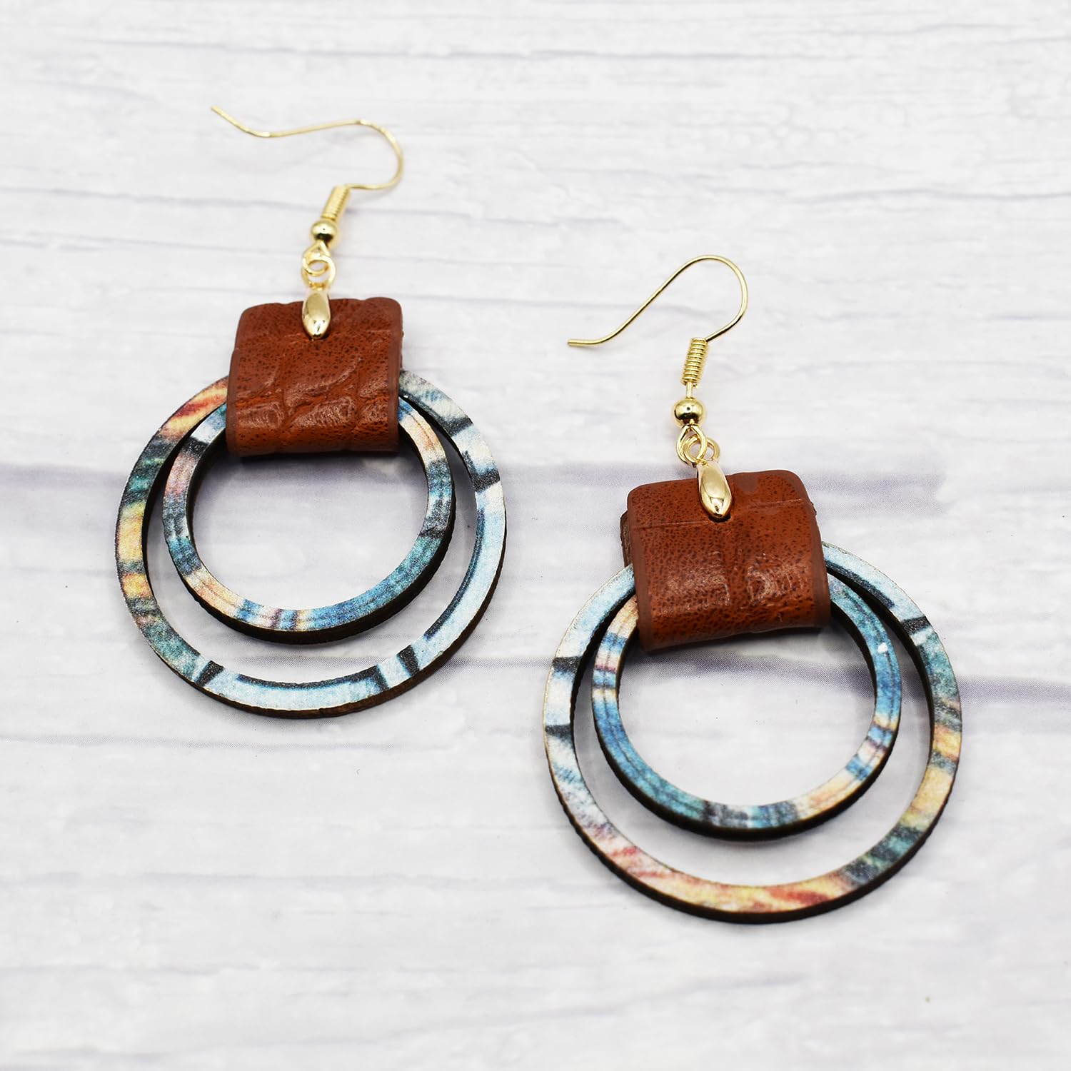 Handmade Big Hoop Earrings, Boho Earrings, Colorful Wooden Leather Earrings, Wood Circle, Statement Jewelry for Women