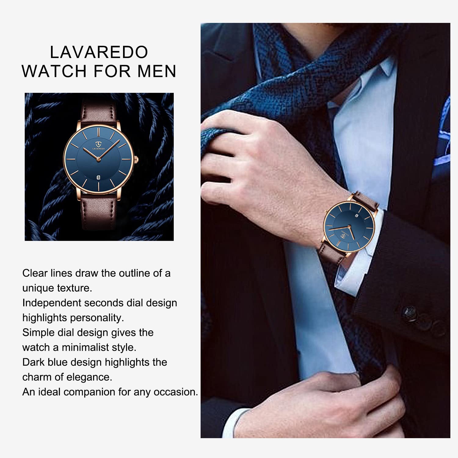 L LAVAREDO Watch for Men, Extremely Thin Mens Watches Minimalist Analog Men's Leather Wrist Watches with Time/Date, Birthday Gift for Men Boyfriend