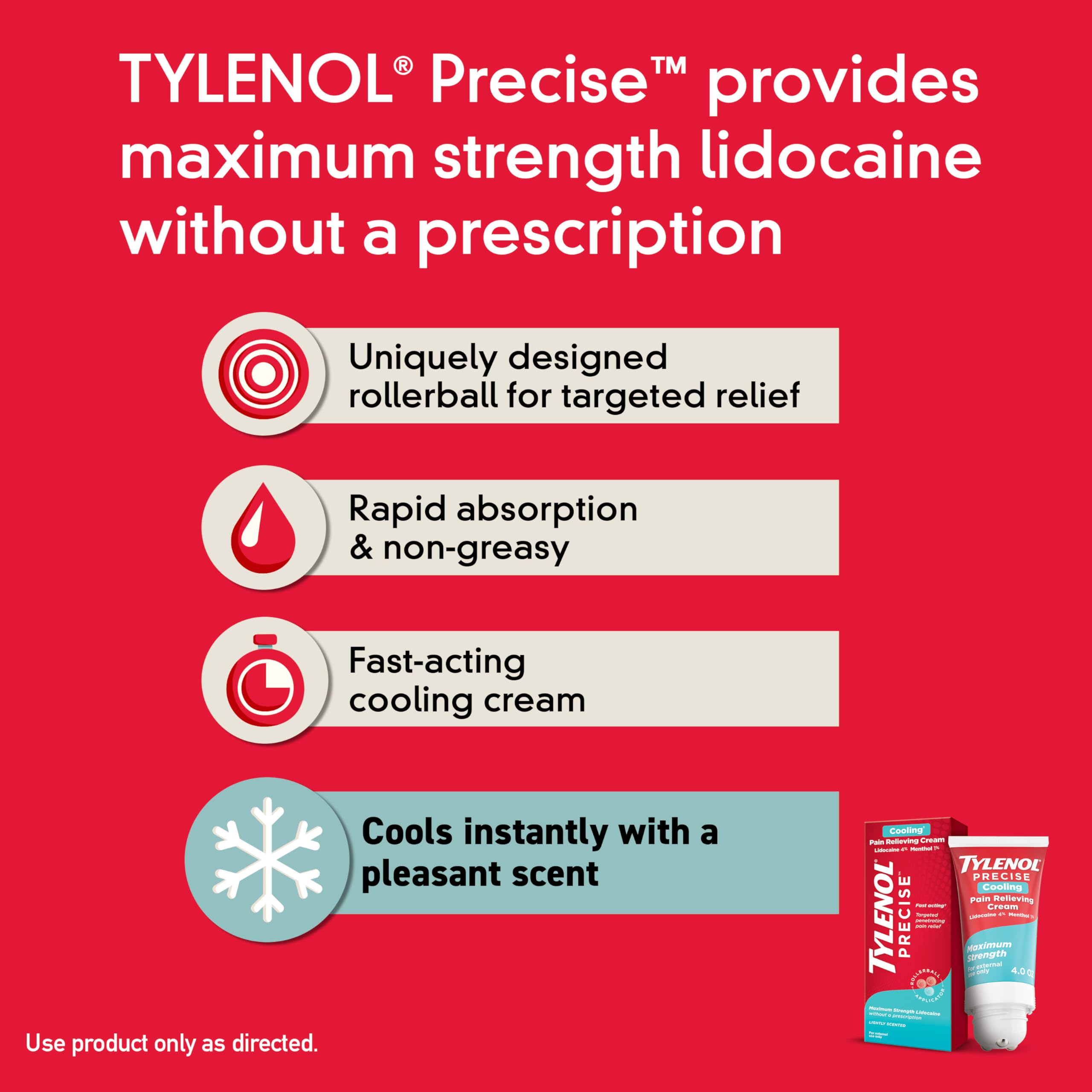 Tylenol Precise Cooling Pain Relieving Cream, Maximum Strength 4% Lidocaine & 1% Menthol Cream for Joint Pain, Fast-Acting, Penetrating Pain Relieving Cream, Light Scent, 4oz