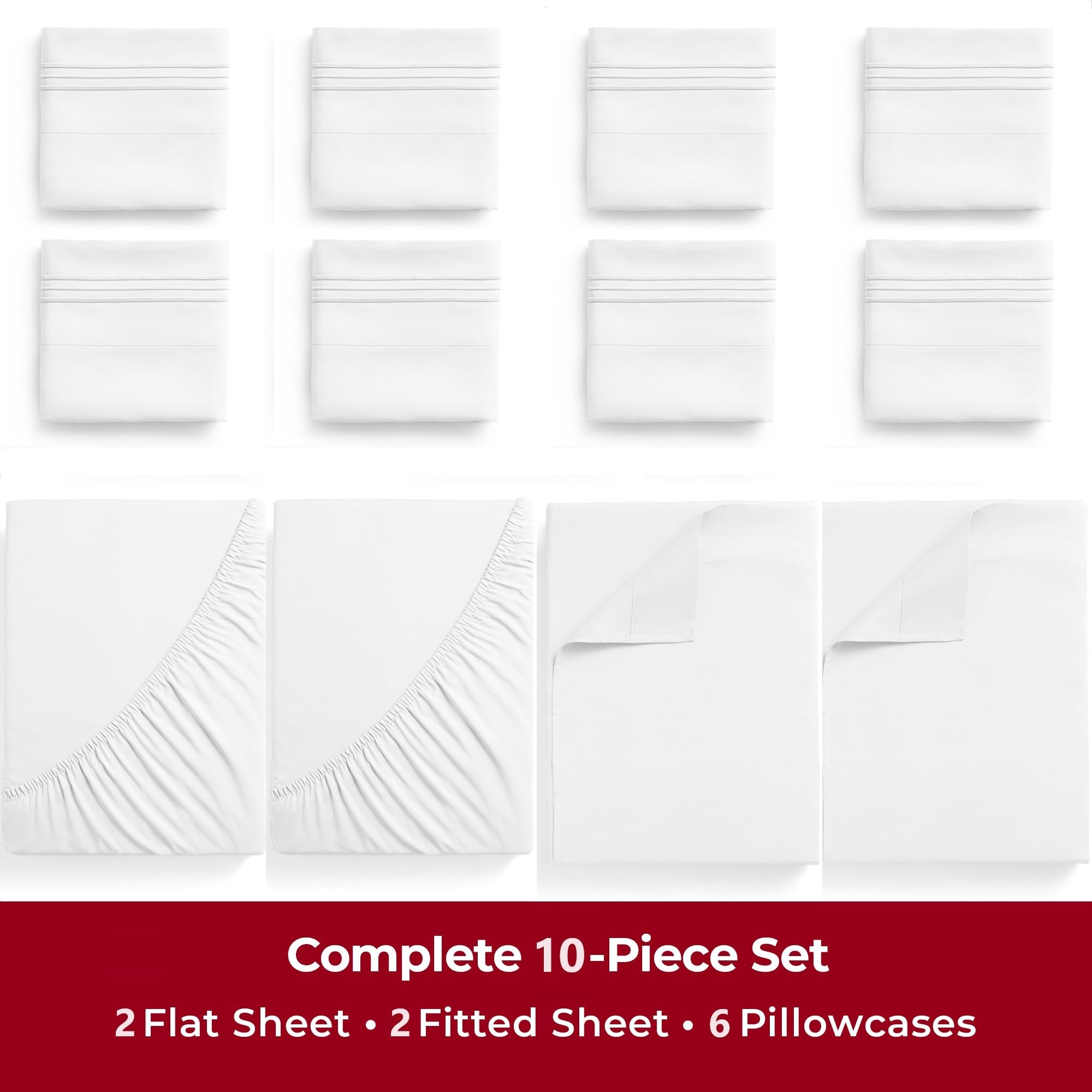 Mellanni 4PC Bed Sheet Set + 6PC Bed Sheet Set Bundle&Save - 10 Piece Iconic Collection Bedding Sheets & Pillowcases - Bundle Includes: 2 Flat Sheets, 2 Fitted Sheet and 6 Pillow Cases (Queen, White)