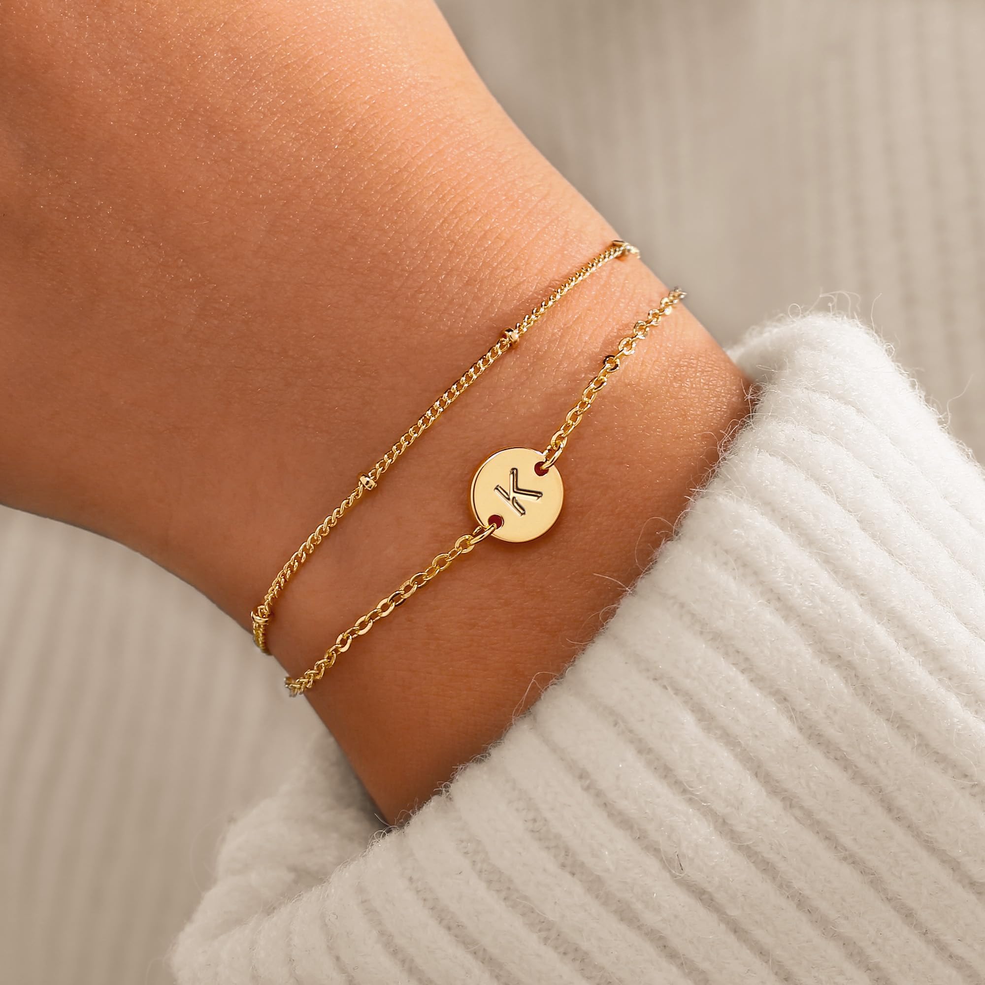 MONOZO Gold Initial Bracelets for Teen Girls Gifts Trendy Stuff - Gold Plated Letter Initial Bracelet Dainty Disc Letter K Initial Bracelets for Women Gold Bracelets for Teen Girls Women Jewelry Gifts