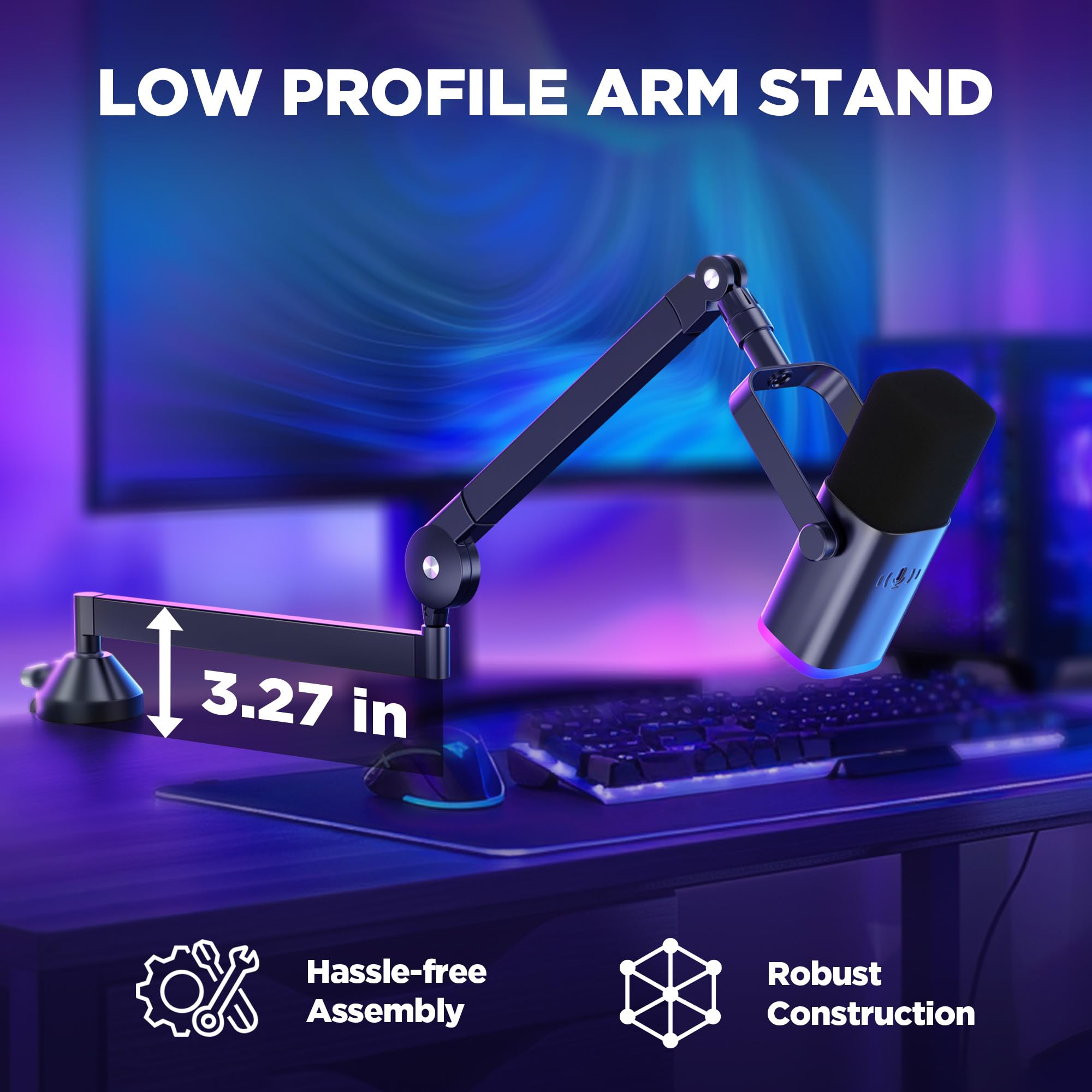 InnoGear Low Profile Mic Arm, 360° Rotatable Microphone Boom Arm Mic Stand for Fifine AM8 K669B Blue Yeti HyperX QuadCast SoloCast AT2020, Desk Mount with Mic Clip 3/8" to 5/8", 3/8" to 1/4" Adapter