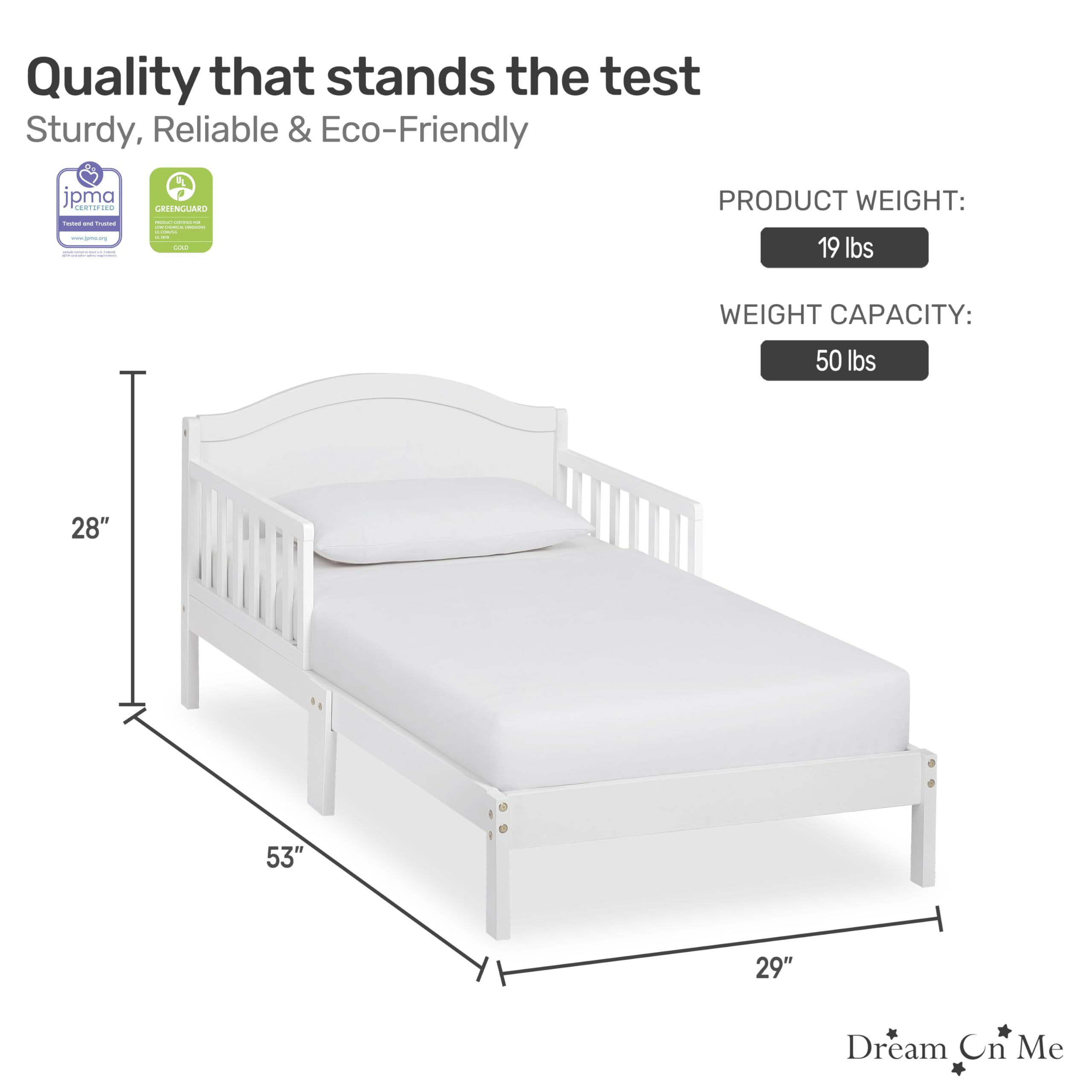 Dream On Me Sydney Toddler Bed in White, Greenguard Gold Certified, JPMA Certified, Low To Floor Design, Non-Toxic Finish, Safety Rails, Made Of Pinewood