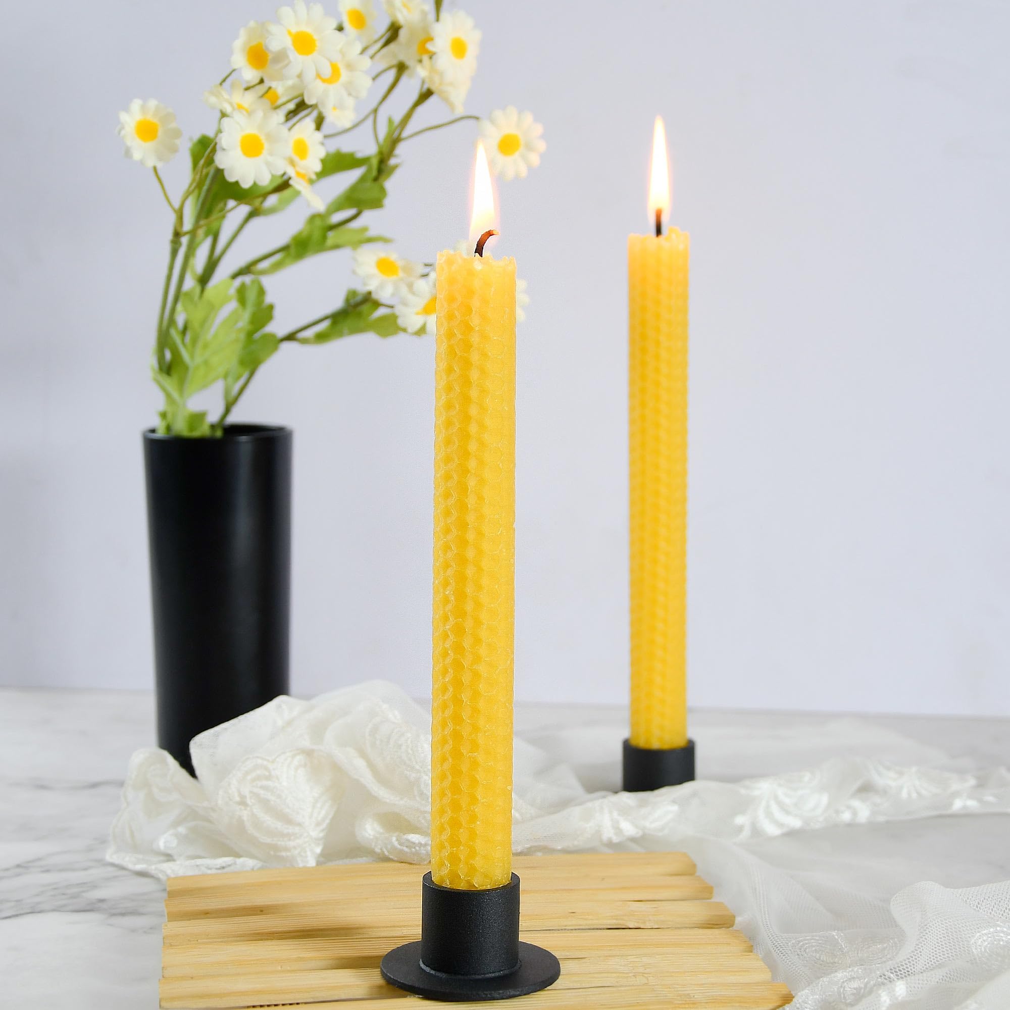 Natural Beeswax Taper Candles, 8 Inch Handmade Honeycomb Bees Wax Candlesticks 6 Pack - 5 Hours Burning Time - Smokeless, Dripless and Unscented for Home Decor Party Dinner