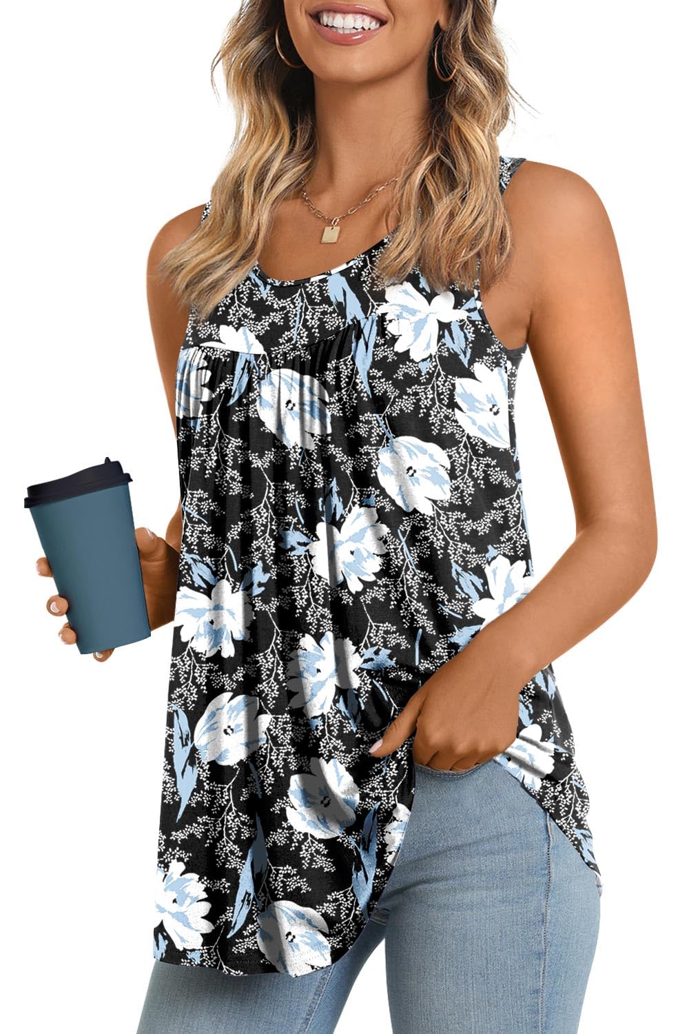 LONGYUAN Women's Tank Tops 2025 Summer Sleeveless T-Shirts Casual Tunics Loose Fitted Blouse White Lily Large