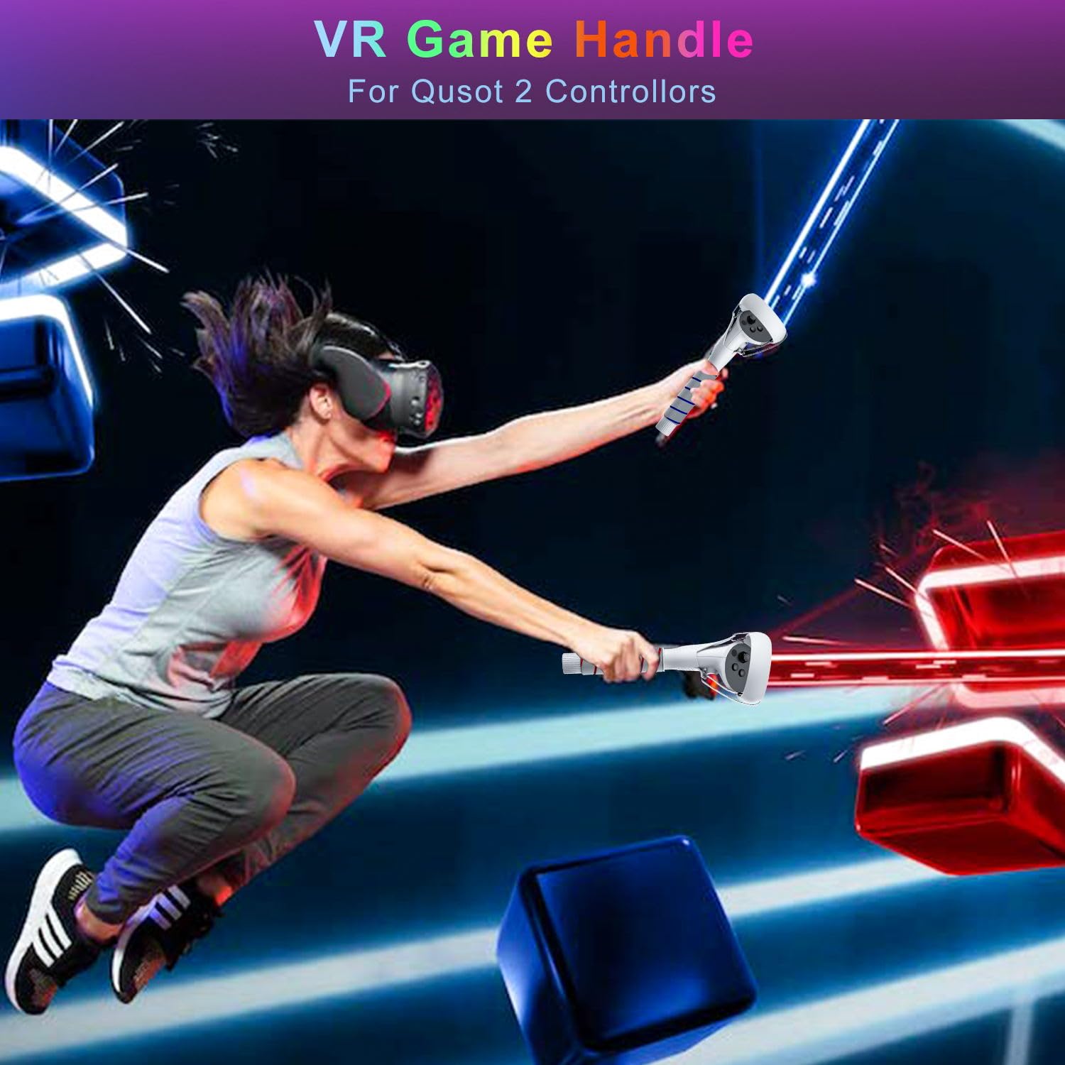 SAQICO 2 in 1 Long Arms & Handle Attachments Compatible with Oculus Quest 2 Hand Controllers, VR Gorilla Tag Long Arms/Stick Extension Grips for Meta Quest 2 Accessories for Beat Saber Golf Club Game