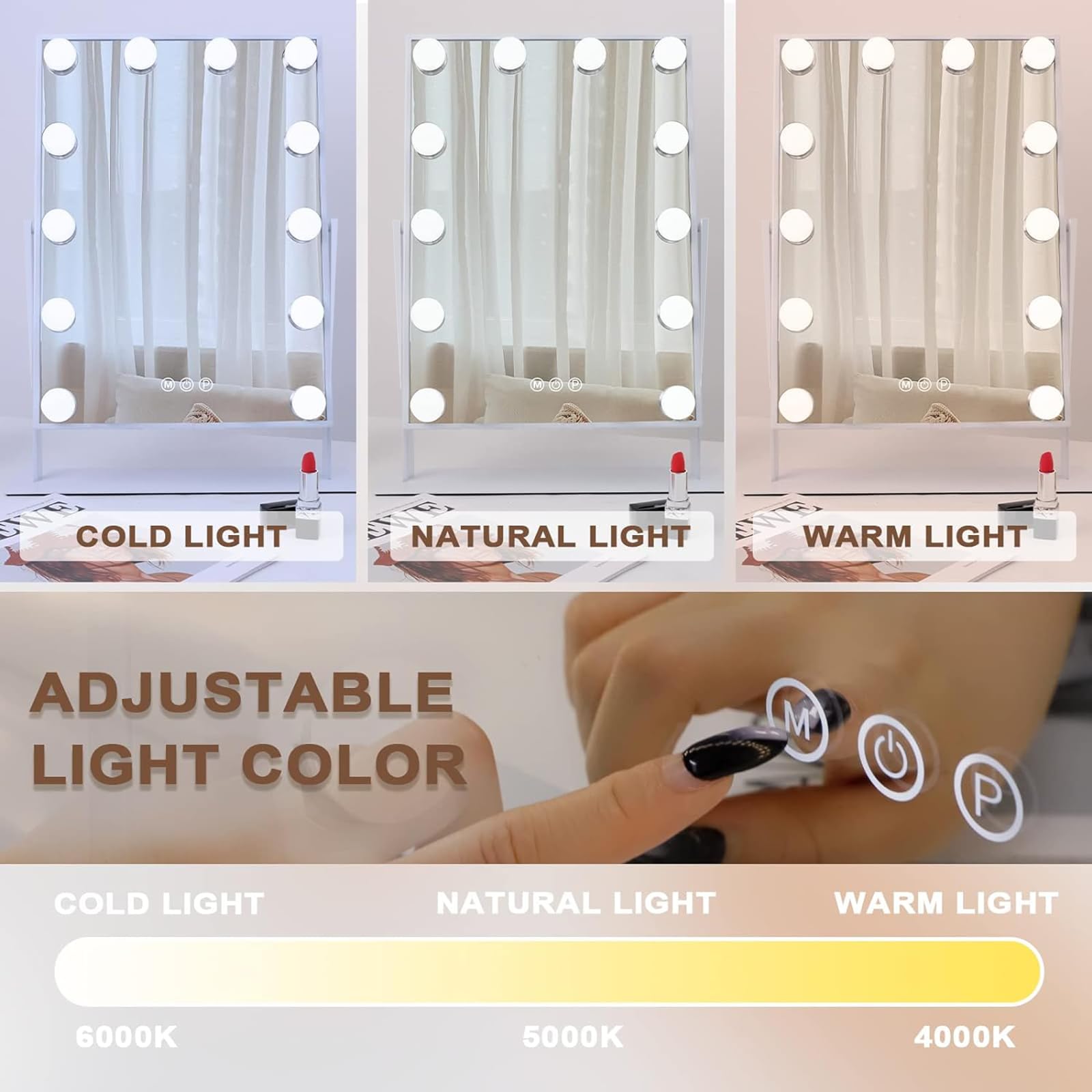 Hansong Vanity Mirror with Lights Makeup Mirror with Lights 12 Dimmable Bulbs Hollywood Lighted Makeup Mirror Detachable 10x Magnification 3 Color Lighting Modes