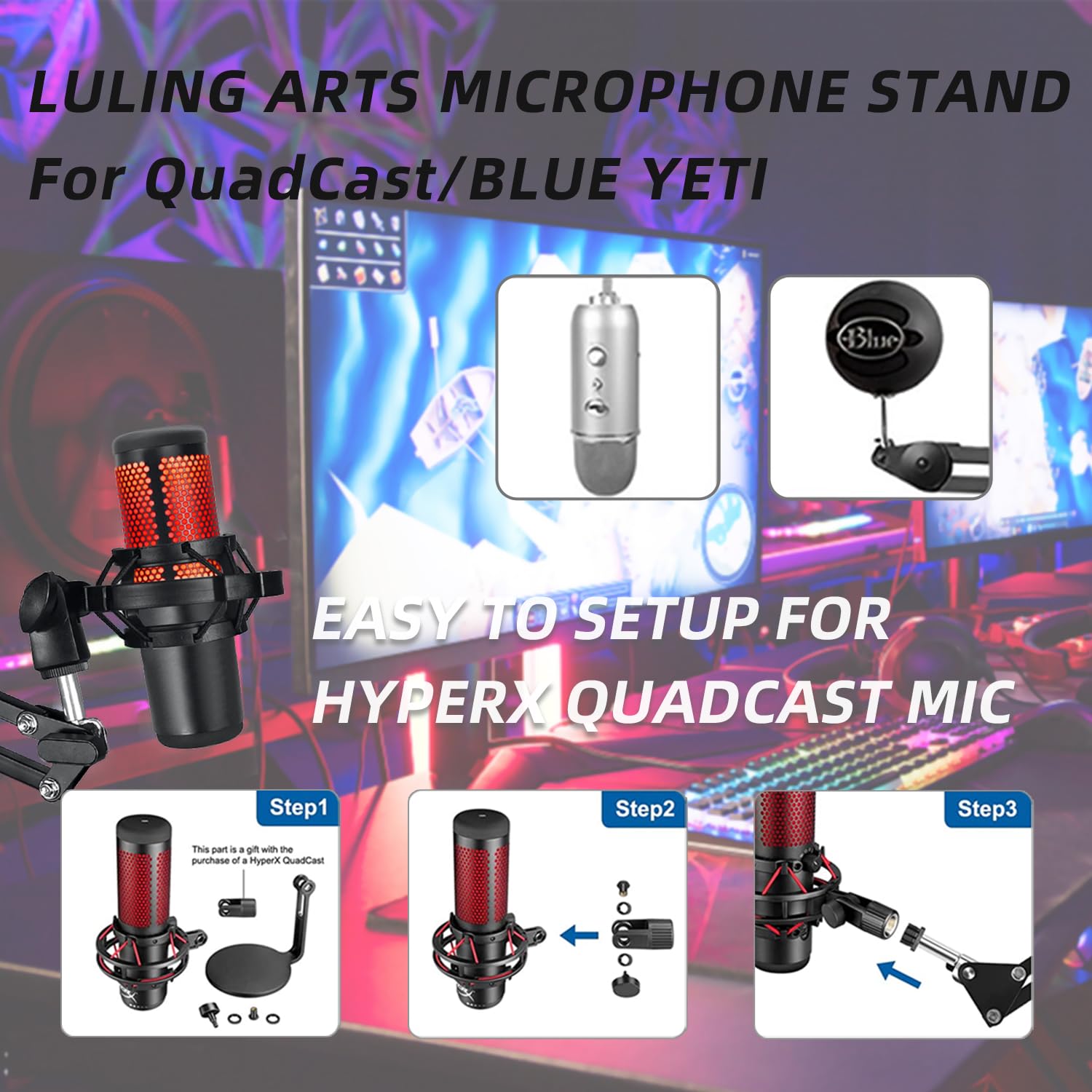 QuadCast Mic Arm,Overhead Boom Arm Microphone Stand Desk Mount with Adapter Pop Filter High Profile for HyperX S Quadcast Blue Yeti Shure SM7B Rode Razer Seiren Mini SoloCast Elgato Wave, Fifine Mics