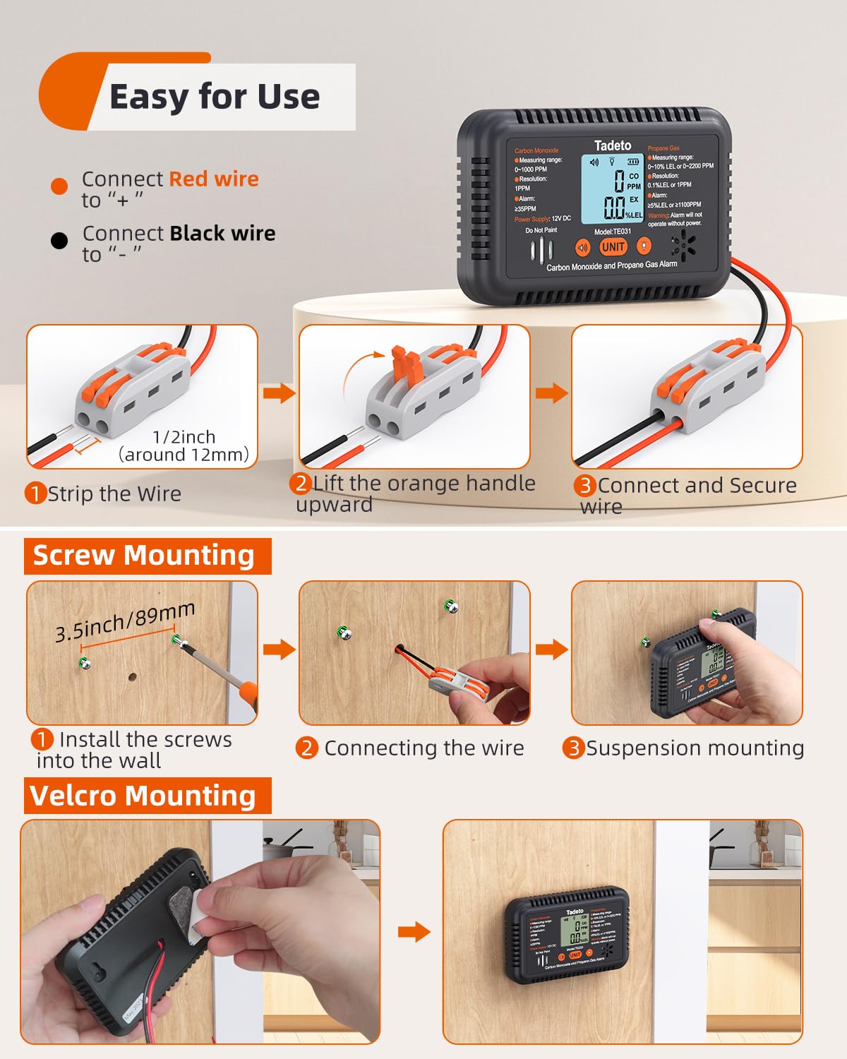Tadeto RV Carbon Monoxide and Propane Gas Alarm, 12V DC CO/LPG Gas Leak Alarm with Light and Audible Indicator, RV Carbon Monoxide and Propane Gas Detector with Reset/Backlight for RV/Trailer/Camper