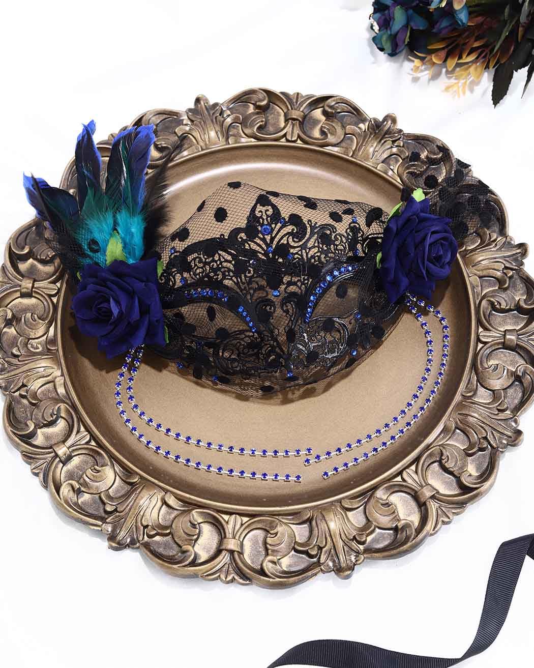 Campsis Women Masquerade Mask Blue Feather Mardi Gras Mask Venetian Party Mask Tassl Rhinestone Ball Prom Costume Face Decorations for Women