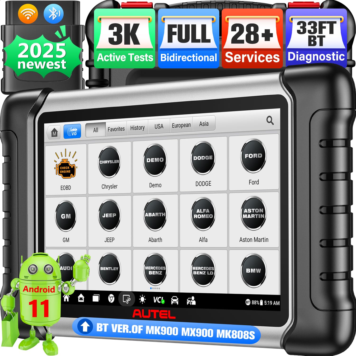 Autel MaxiCOM MK808BT PRO: 2025 Bidirectional Tool Up of MK900/ MX900/ MK808S/ MK808BT/ MaxiCheck MX808S/ MK808Z, 3K+ Active Tests as MK900BT, OE Full Sys, 28+ Services, OS 11, FCA SGW, Support BT506