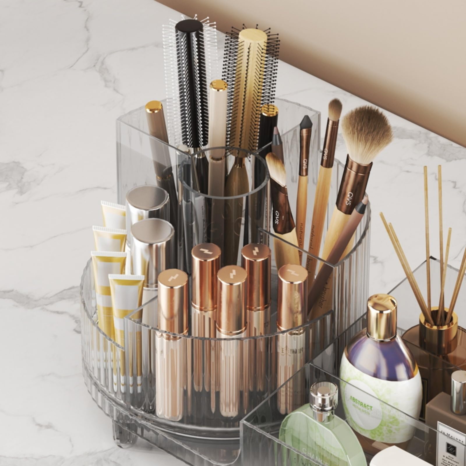 Rotating makeup organizer,Large Capacity Cosmetic Display Case, easy to hold all of your makeup products, at least 20 makeup brushes/eyeliner,10 lipsticks,8 skincare products(Crystal Clear)