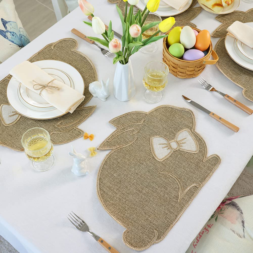 Feuille Easter Placemats Set of 4 – Bunny Placemats in Natural Color with Bowtie for Easter, Polyester Spring Placemats for Decorations