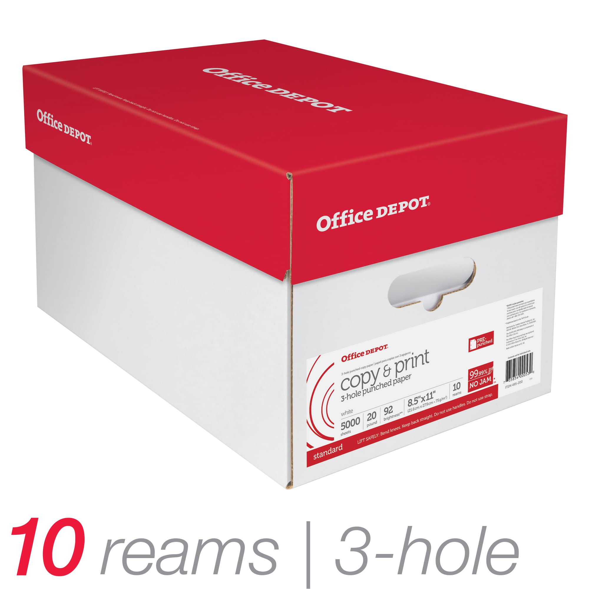 Office Depot® 3-Hole Punched Multi-Use Printer & Copy Paper, 10 Reams, White, Letter (8.5" x 11"), 5000 Sheets Per Case,