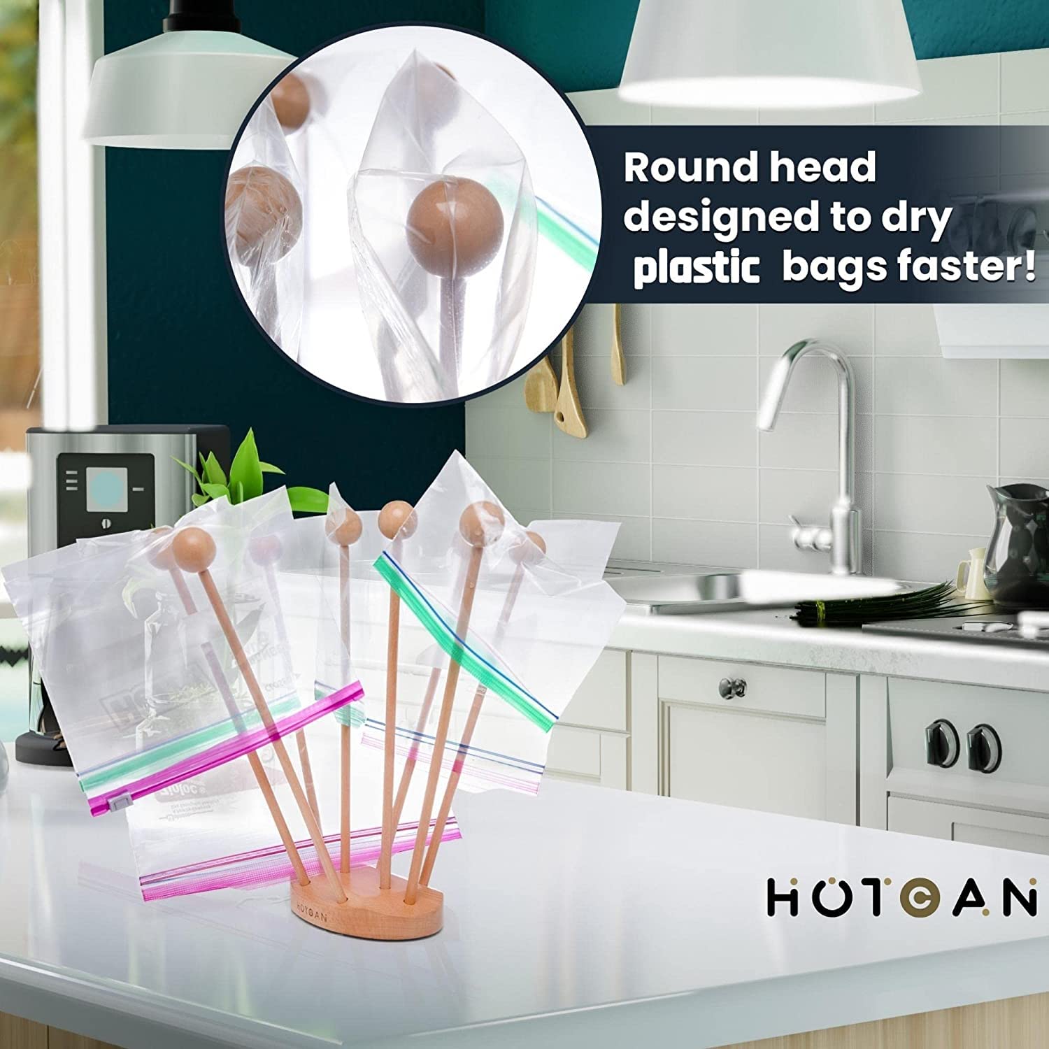 HOTCAN Beech Wood Plastic Bag Drying Rack - Reusable Bag & Bottle Dryer, Space-Saving Design for Kitchen, Easily Assembled and Disassembled for Storage