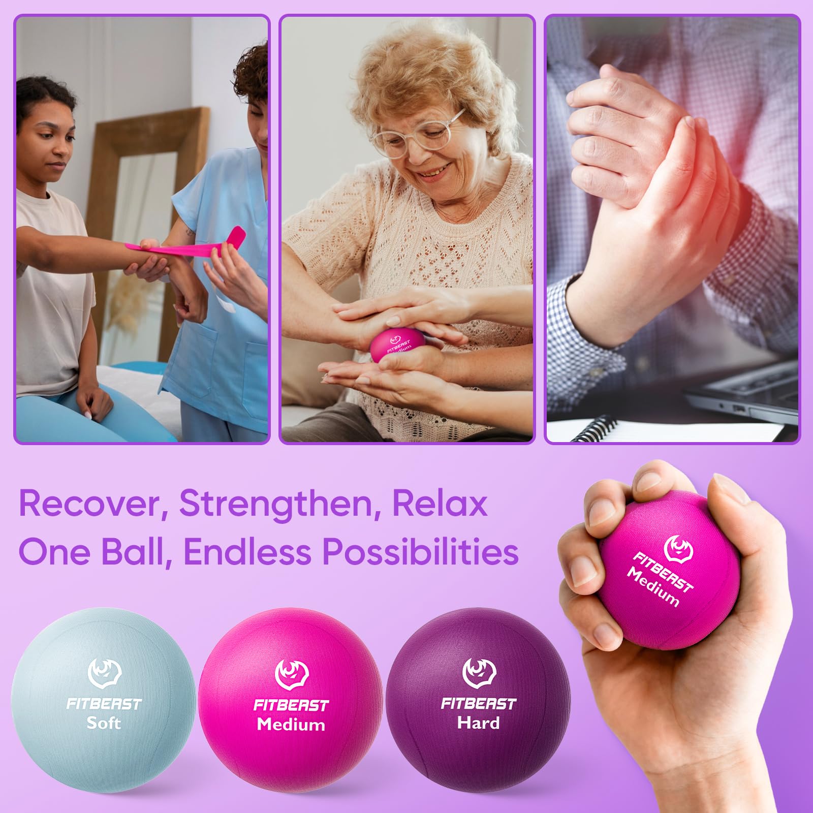 FitBeast Grip Strength Trainer, Finger Exerciser, Stress Balls for Adults, Hand Therapy for Strength, Recovery & Stress Relief, Forearm Strengthener for Men, Women & Seniors (6-Piece Bright Tones)