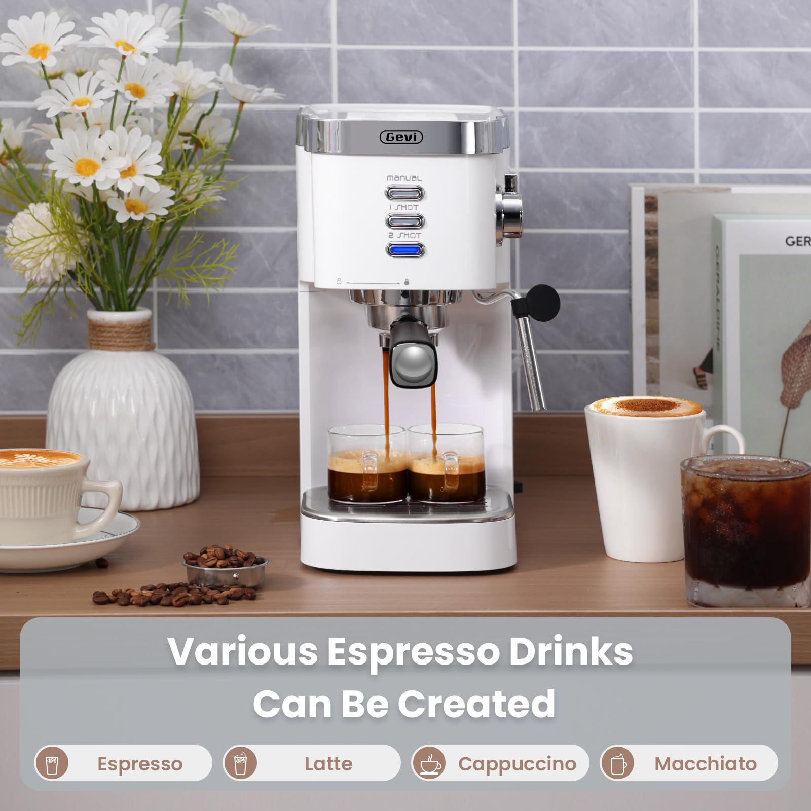 Gevi Espresso Machine 20 Bar High Pressure,Super Automatic Espresso Machines with Milk Frother Steam Wand,Cappuccino & Latte Maker with Volume Control for Home,Espresso Maker，Gift for Coffee Lover