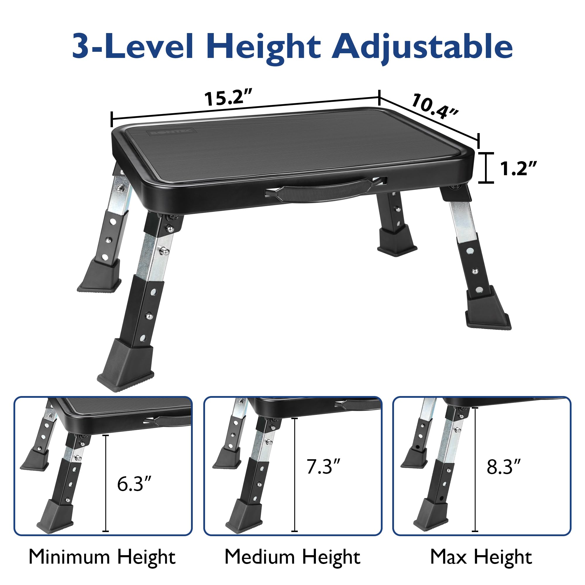 BONTEC 3-Level Height Adjustable Folding One Step Stool with Anti-Slip Platform and Thick Rubber Feet, Portable Ladder for Adults and Children, Max up to 330lbs, Ideal for Kitchen, RV Use, Black