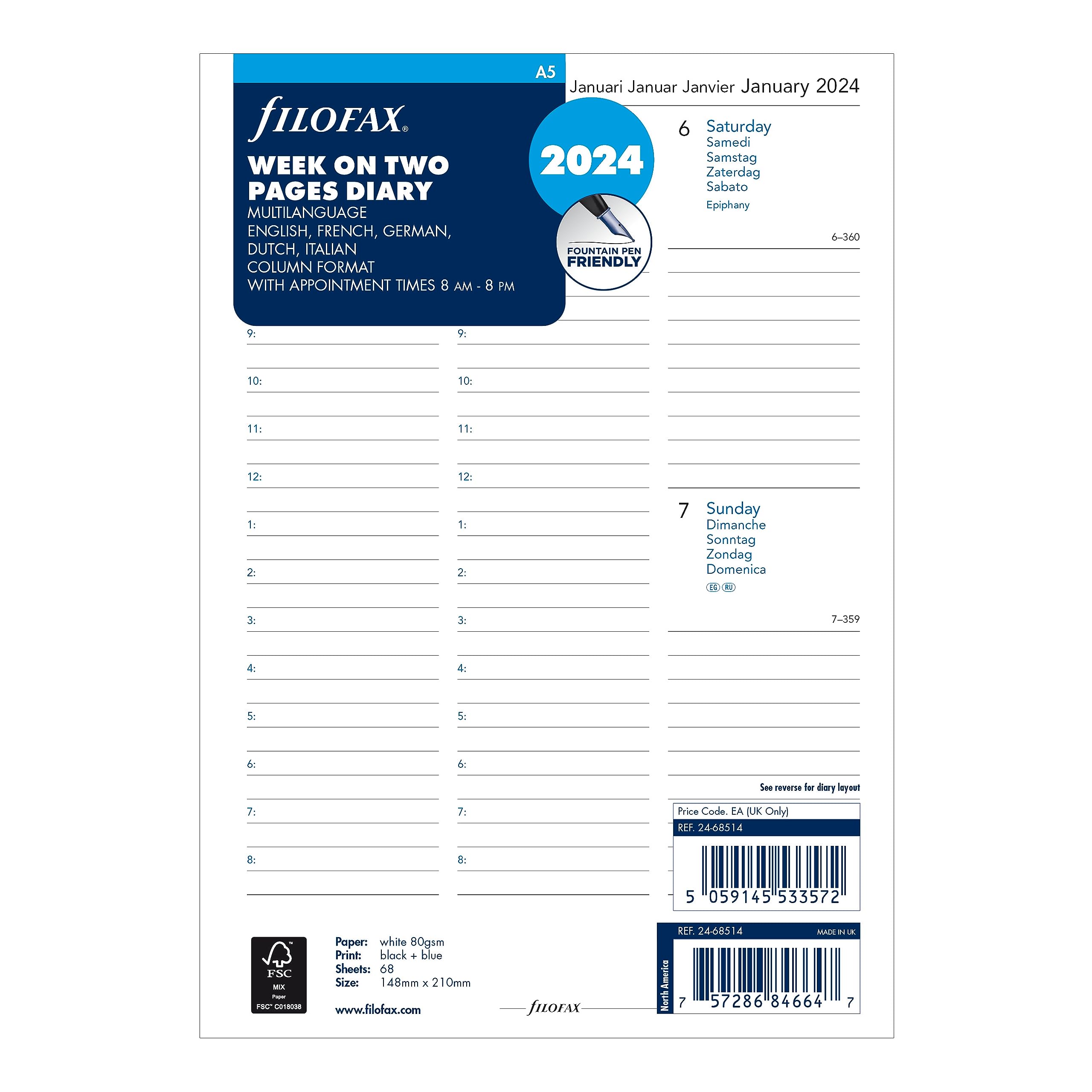 Filofax Calendar Diary Refill, A5 Size, Week-to-View with Appointments, White Paper, Multilingual: Five Languages, 2024 (C68514-24)