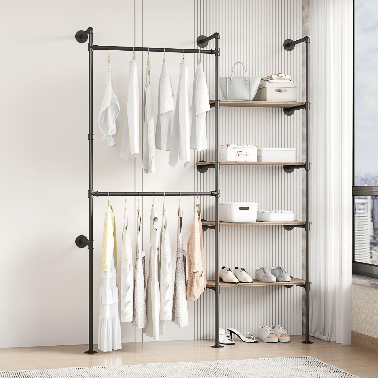 Woskar Industrial Pipe Clothing Rack, Hanging Rods Clothes Rack with Shelves, Clothes Rack for Wardrobe, Corner Closet System for Walk in Closets (Black, II-4Tier)