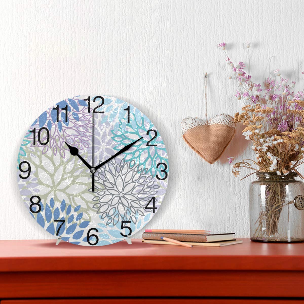 White Dahlia Round Wall Clock, Silent Non Ticking Oil Painting Decorative for Home Office School Clock Art, Blue Grey And Purple