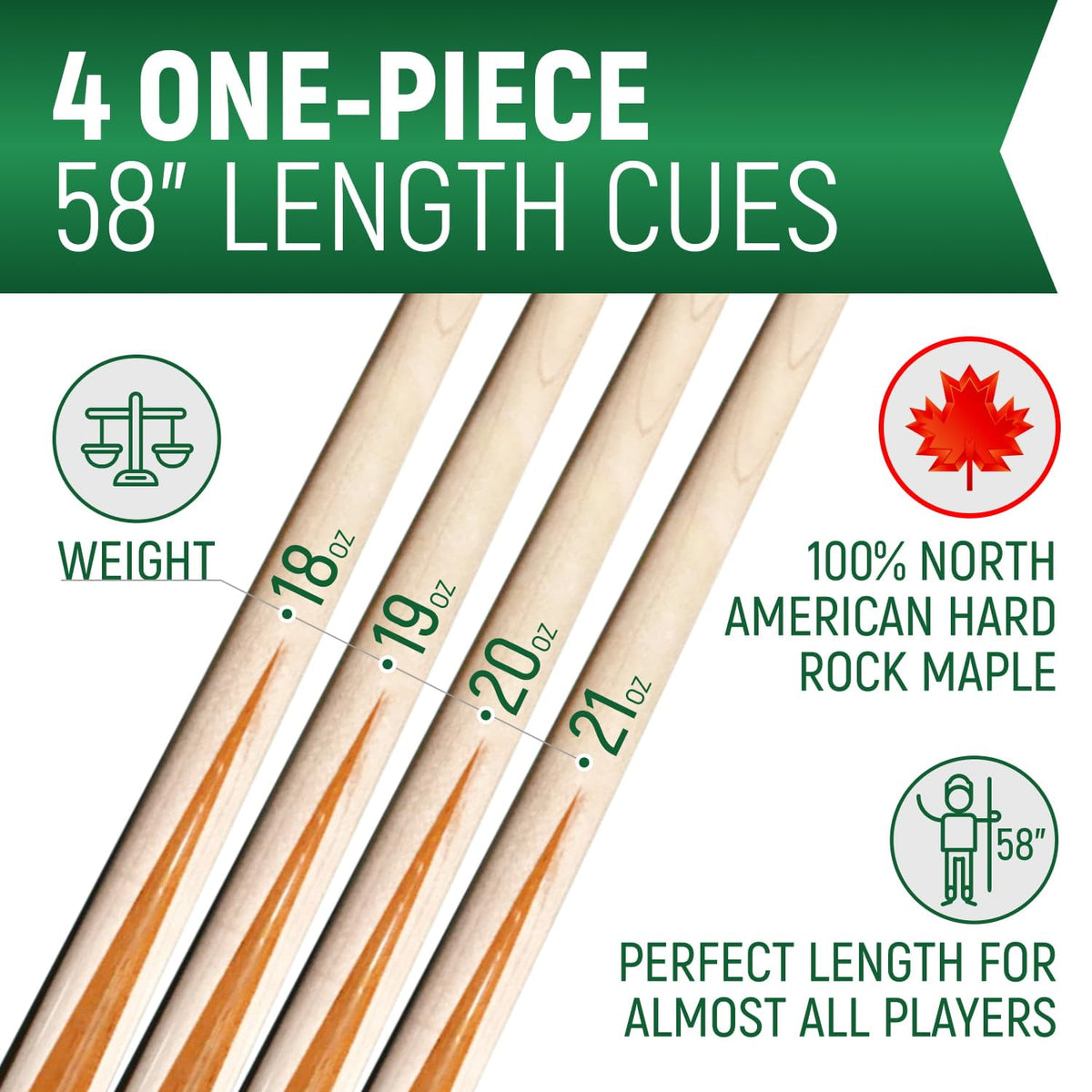 Players Set of One Piece House Pool Cue Sticks - Professional Quality for Commercial Or Residential Use (4 Cues)