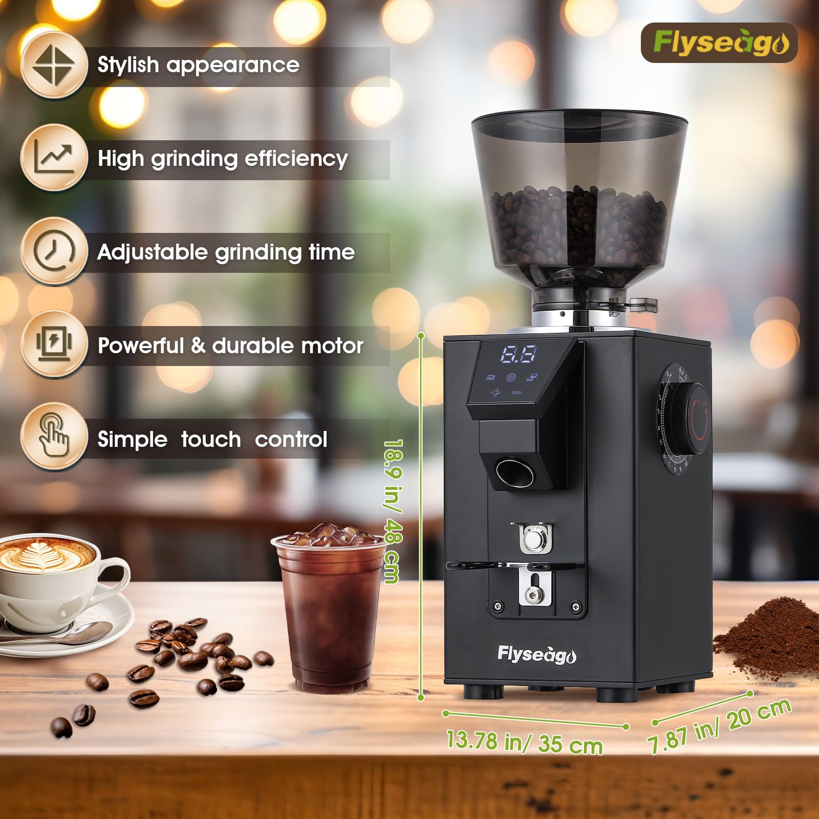 Flyseago Commercial Coffee Grinder Electric 400w Flat Burr Coffee Bean Grinder with 18 Precise Settings Touch Control Espresso Machine with Large Capacity Hopper, Coffee Grounds Tray, Black Square