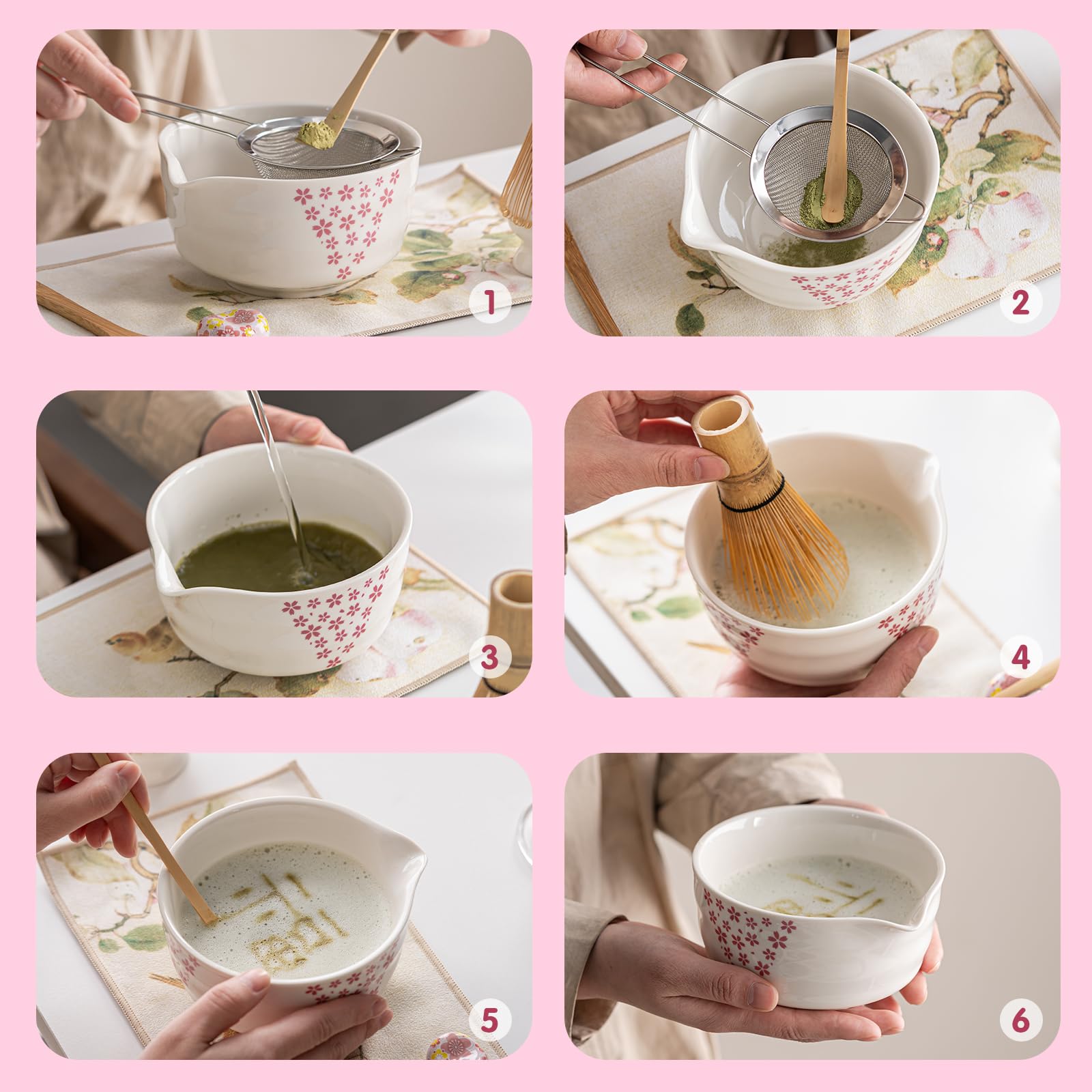 Grnstf Matcha Set 8-Piece Japanese Tea Ceremony Kit with Ceramic Bowl, Bamboo Whisk & Holder, 2 Scoops, Strainer, Tea Cloth - Complete Gift Set for Traditional Brewing(Pink-Floral Print)