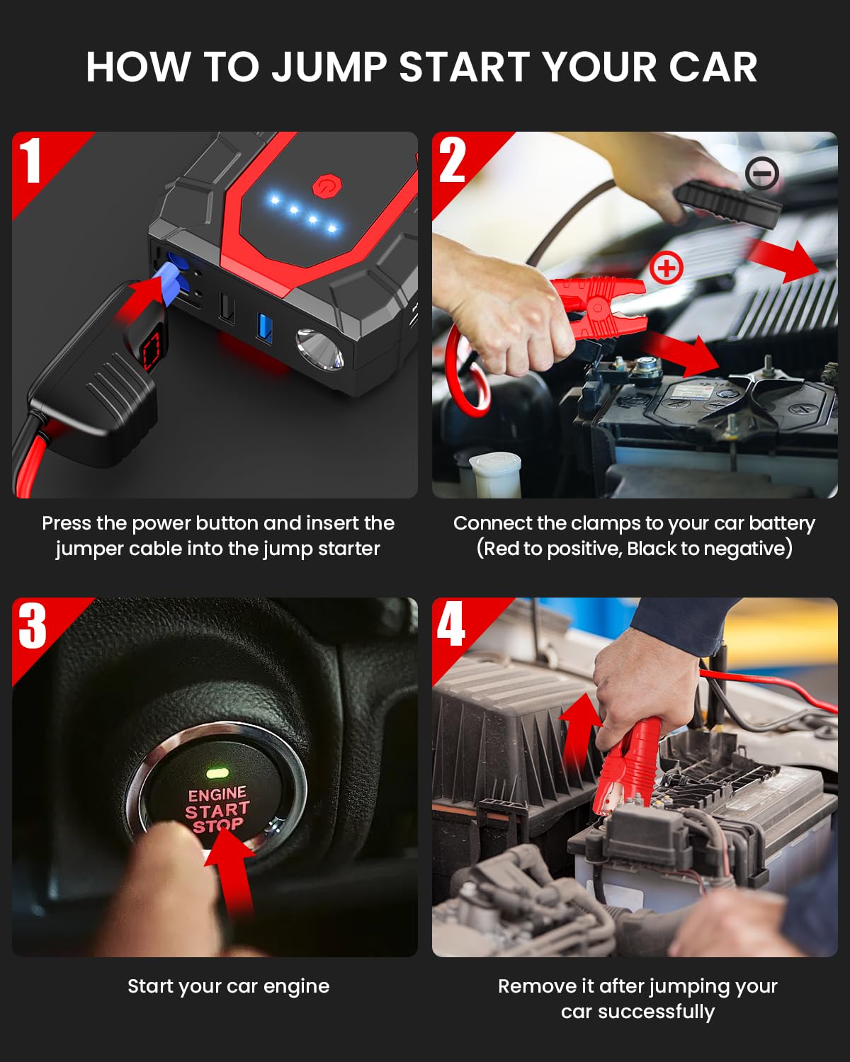 NUSICAN Car Jump Starter, 1500A Portable Battery Charger (up to 7.2L Gas&5.5L Diesel Engine) 12V 18000mAh Auto Lithium Battery Booster Jump Pack with Smart Jumper Clamps, USB QC3.0, LED Light, Compact