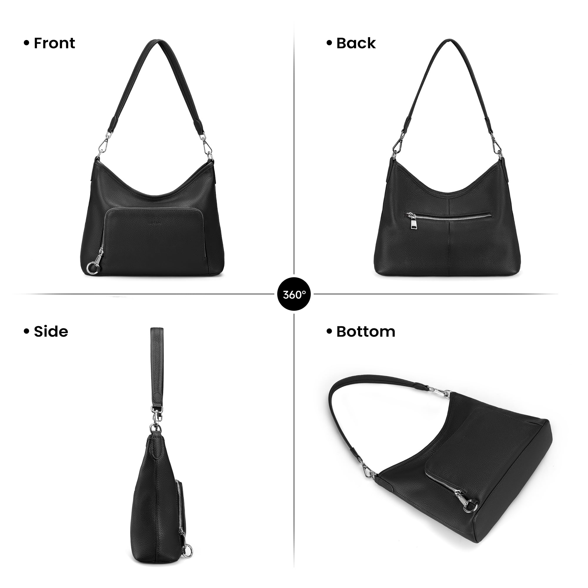 befen Genuine Leather Hobo Bag Purses for Women, Anti Theft Built in RFID Wallet Crossbody Bag Purses, Soft Real Women's Shoulder bag Handbags with 2 Adjustable Shoulder Straps and 4 Zippers，Black