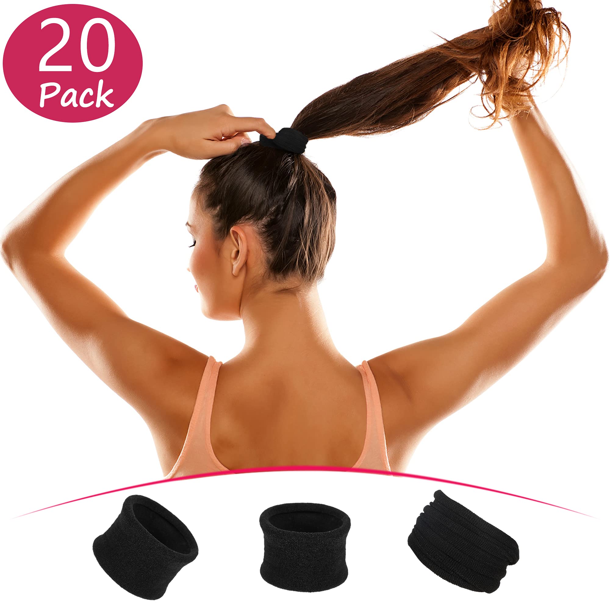 EBOOT 20 Pieces Large Cotton Stretch Hair Ties Bands Rope Ponytail Holders Headband for Thick Heavy or Curly Hair, 6.5 cm in Diameter (Black)