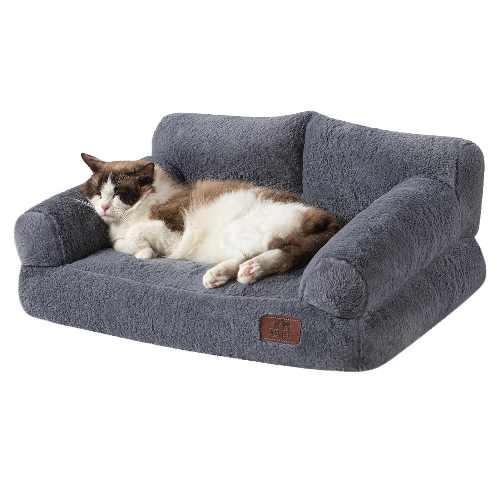 Hollypet Fluffy Plush Dog Cat Pet Couch Soft Calming Sofa Bed for Medium Small Cats and Dogs, Gray