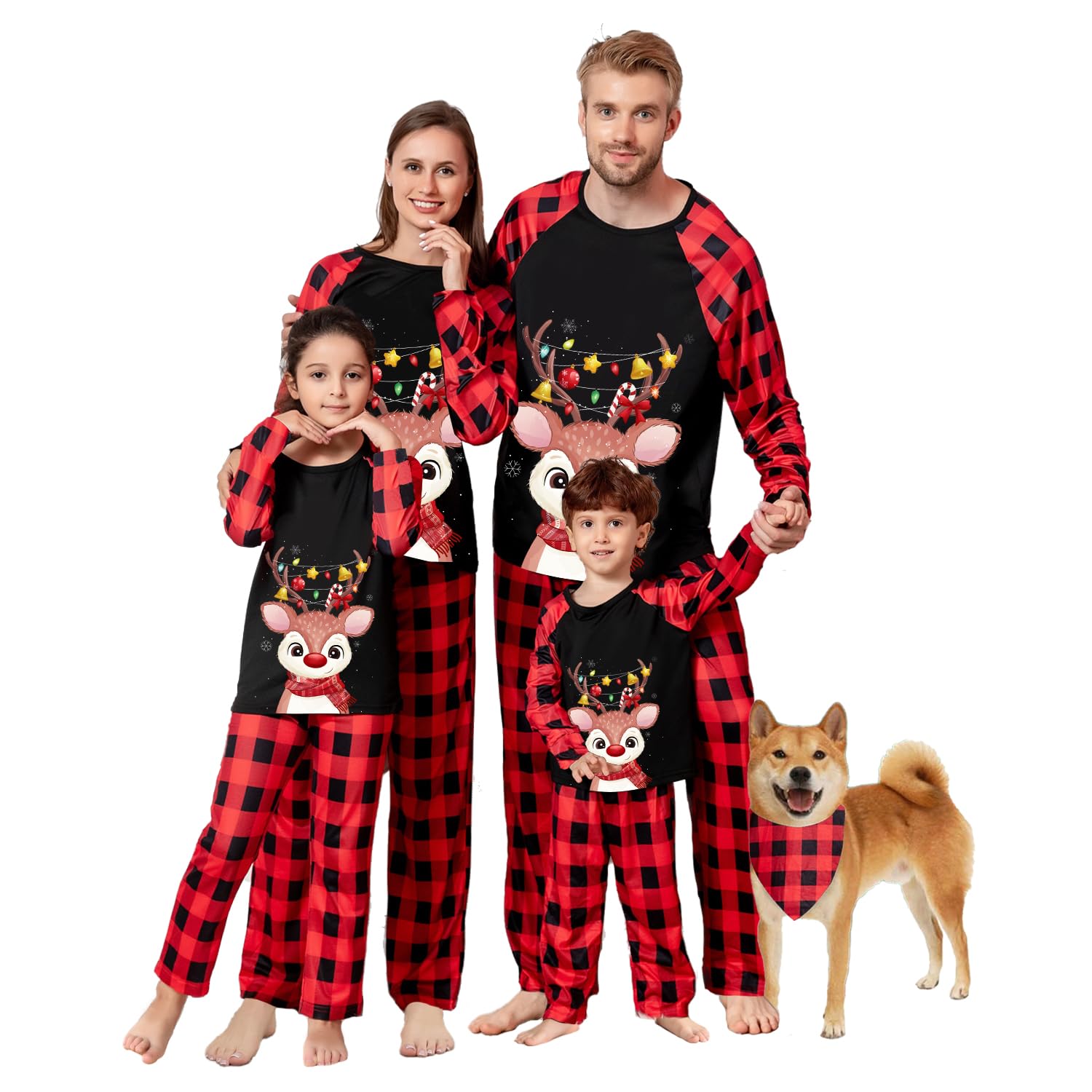 Umeyda Family Matching Christmas Pajamas, Holiday Pajama Sets for Family and Pets Scarf Pjs Xmas Outfits, Black Red Elk, One