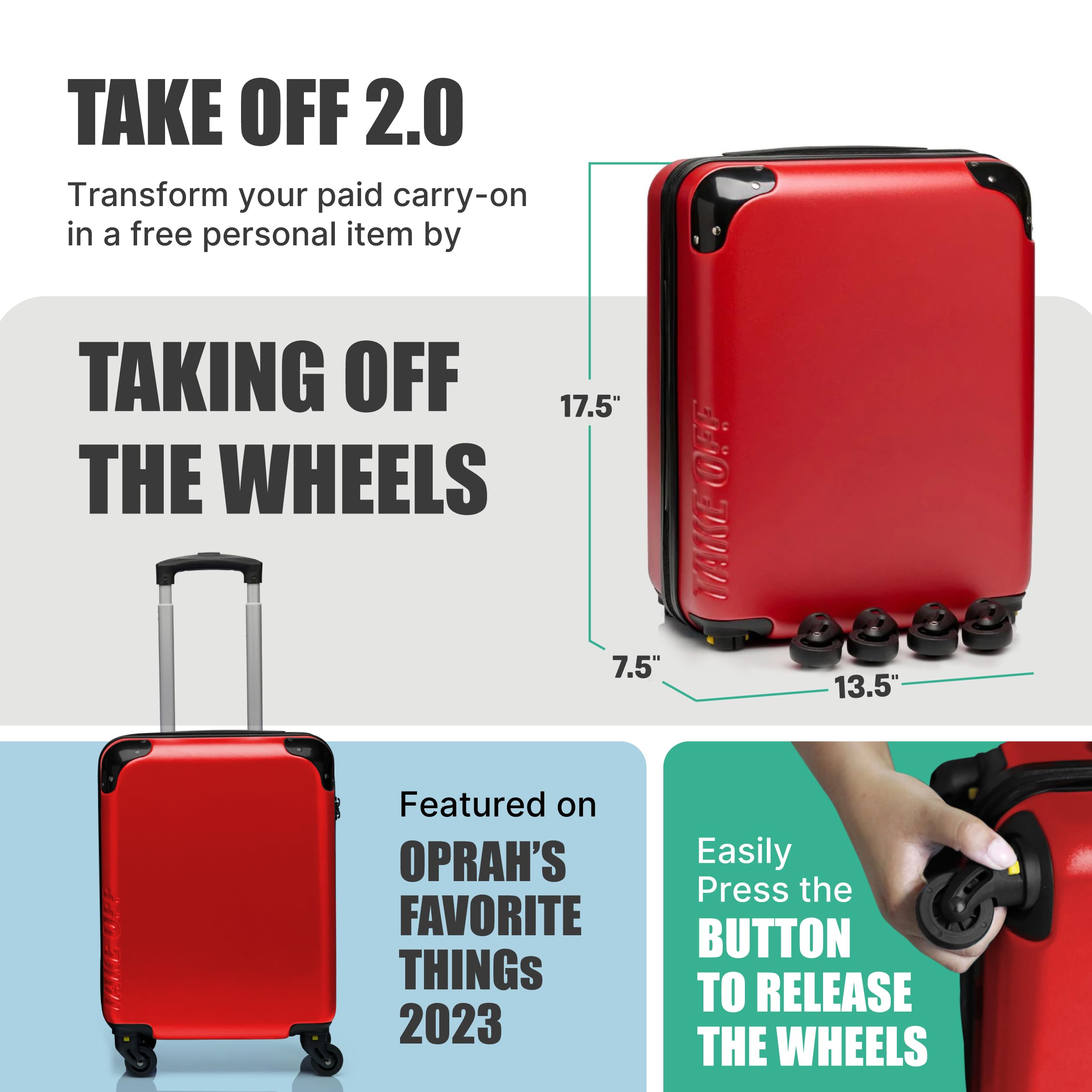 Take OFF Luggage - Personal Item Rolling Suitcase 2.0, TSA Approved, Small Carry On, Under the Seat, Hard Case with Removable Wheels, Light Weight Bag, Airplane Travel Essential Accessories, 18x14x8