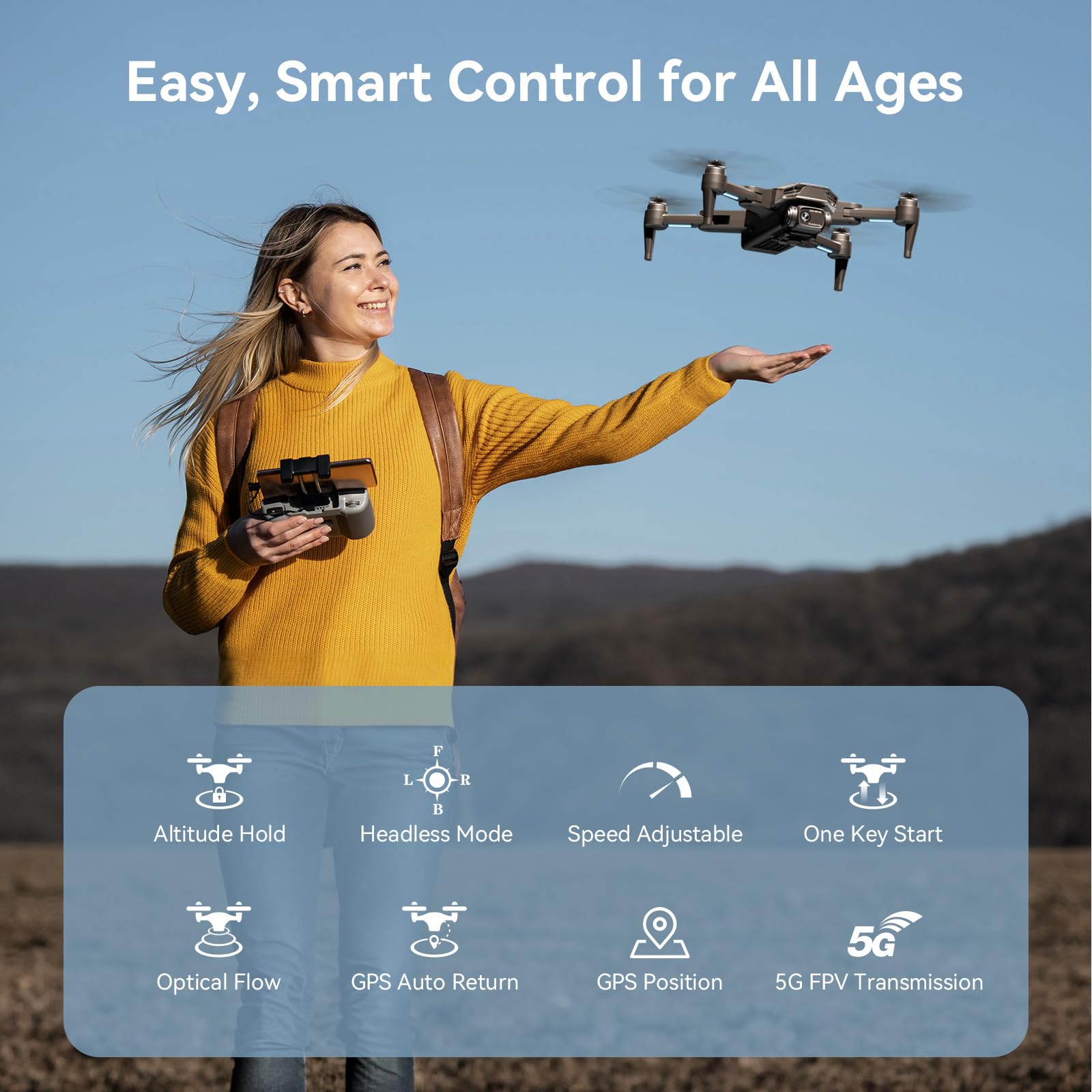 RC Viot GPS Drone with Camera for Adults 4K with Brushless Motors, Auto Return Home, Long Flight Time and Distance,5G WIFI Transmission, Smart FPV Drone RC Quadcopter for Beginners Kids (Under 250G)