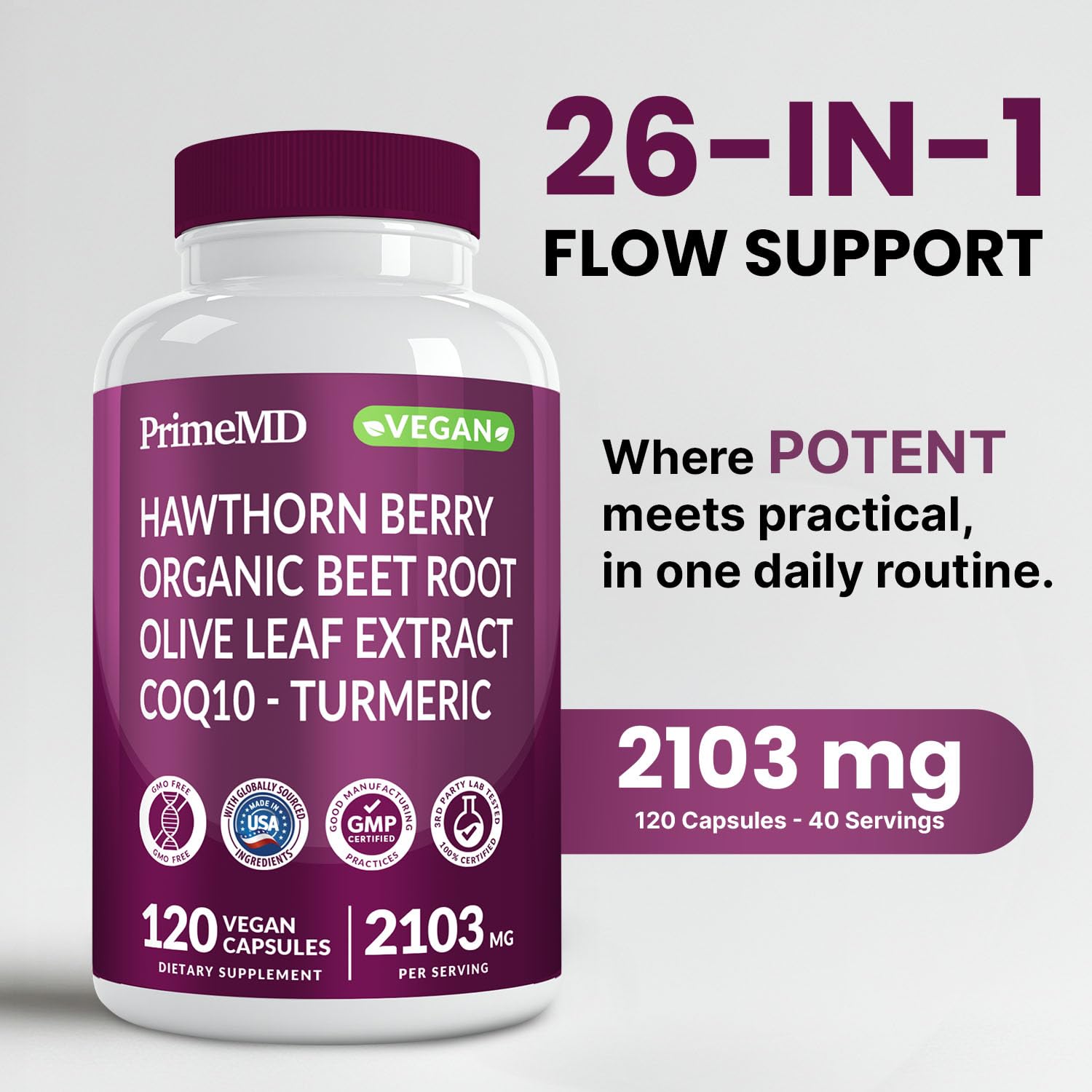 26-in-1 Nitric Oxide Supplement - Heart & Circulation Support with CoQ10, Turmeric, Organic Beet Root, Hawthorn Berry & Garlic - 2103mg per Serving (120ct)