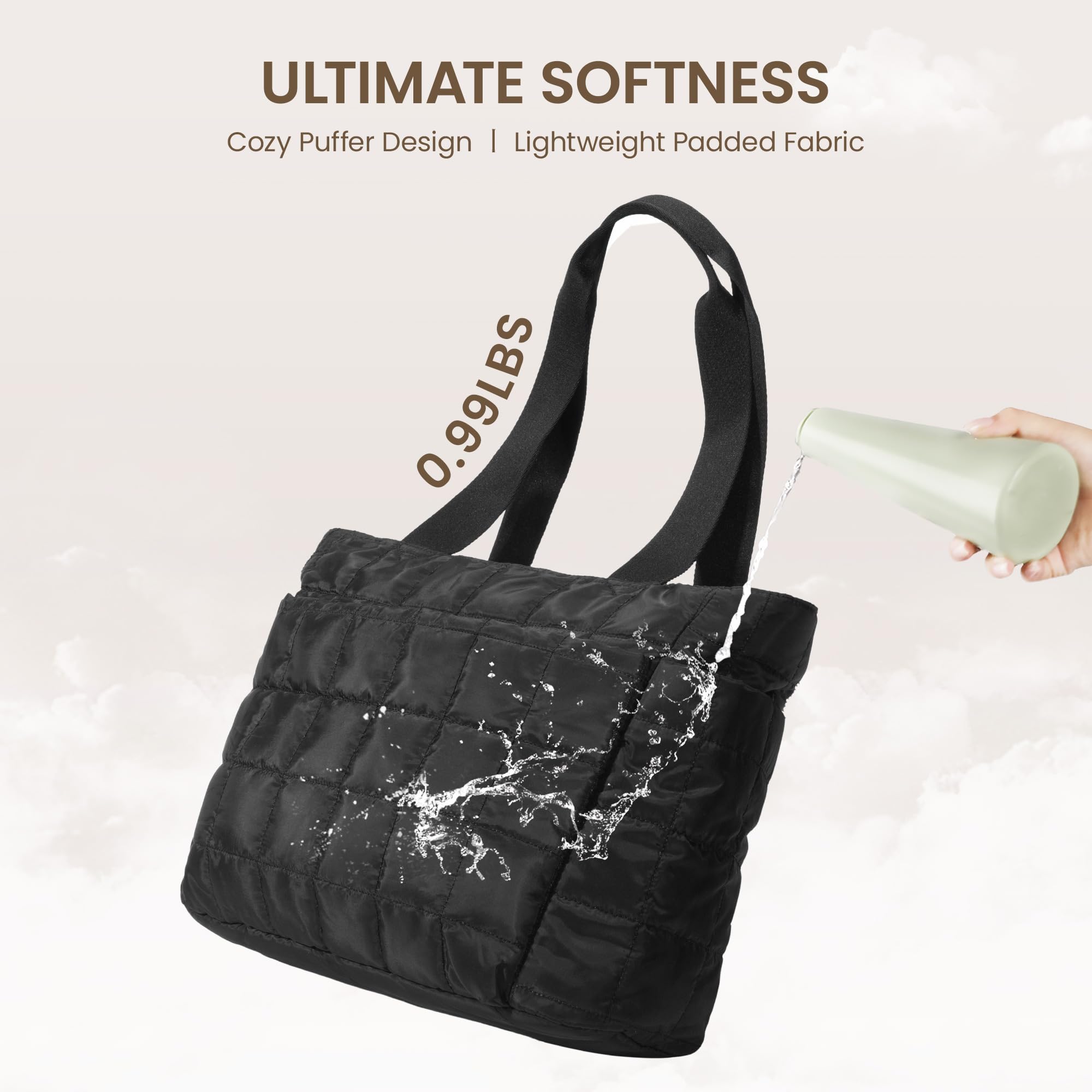 befen Tote Bag for Women, Lightweight Puffy Tote Bag with Compartments, Large 15.6 Inch Laptop Shoulder Bag with Zipper, Quilted Shoulder Bag Handbag for Clinical Travel, Work, Gym, Black
