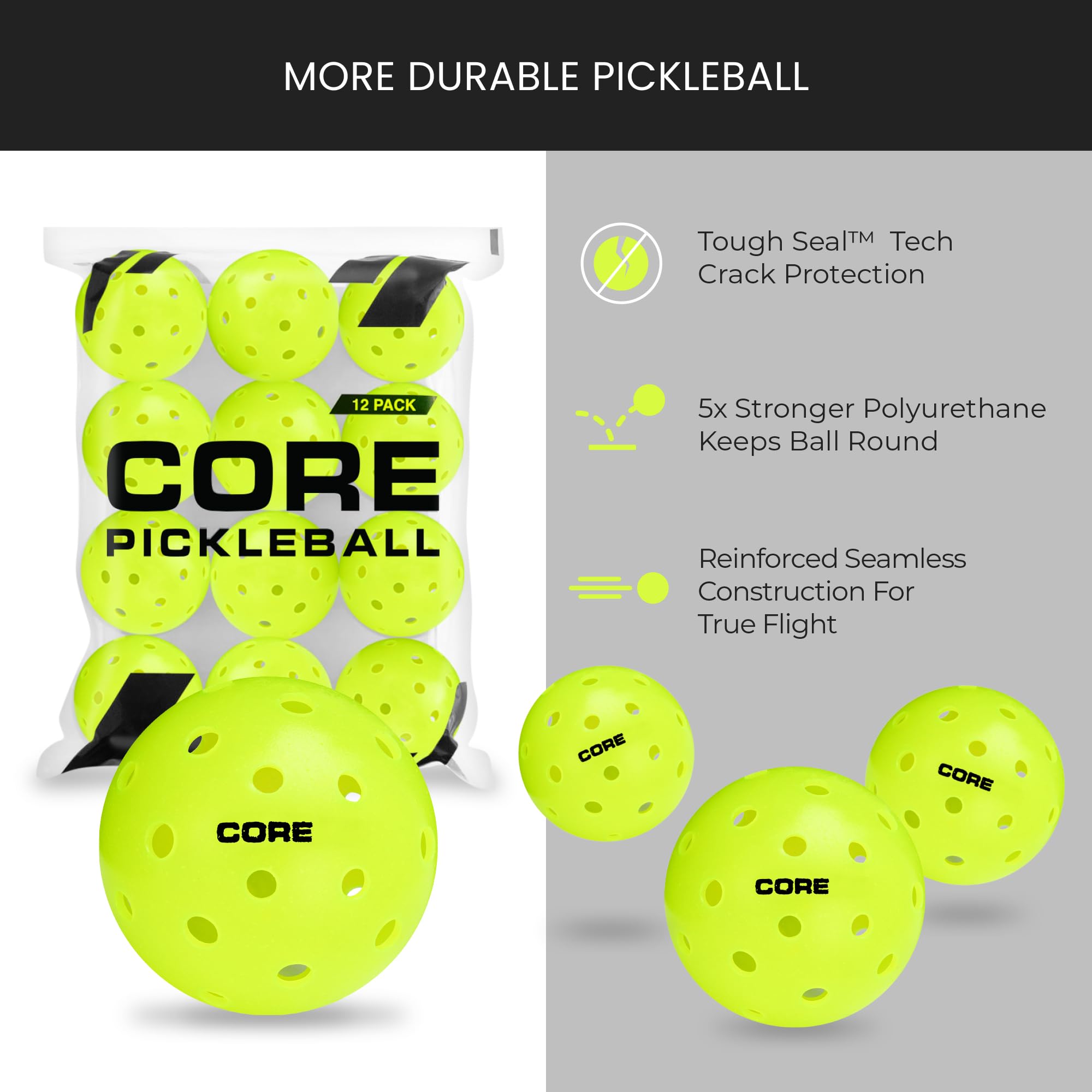 CORE Pickleball Balls for Professionals and All Levels of Play | USA Pickleball Approved Durable Outdoor Pickleball Balls with 40 Holes (12 Pack)