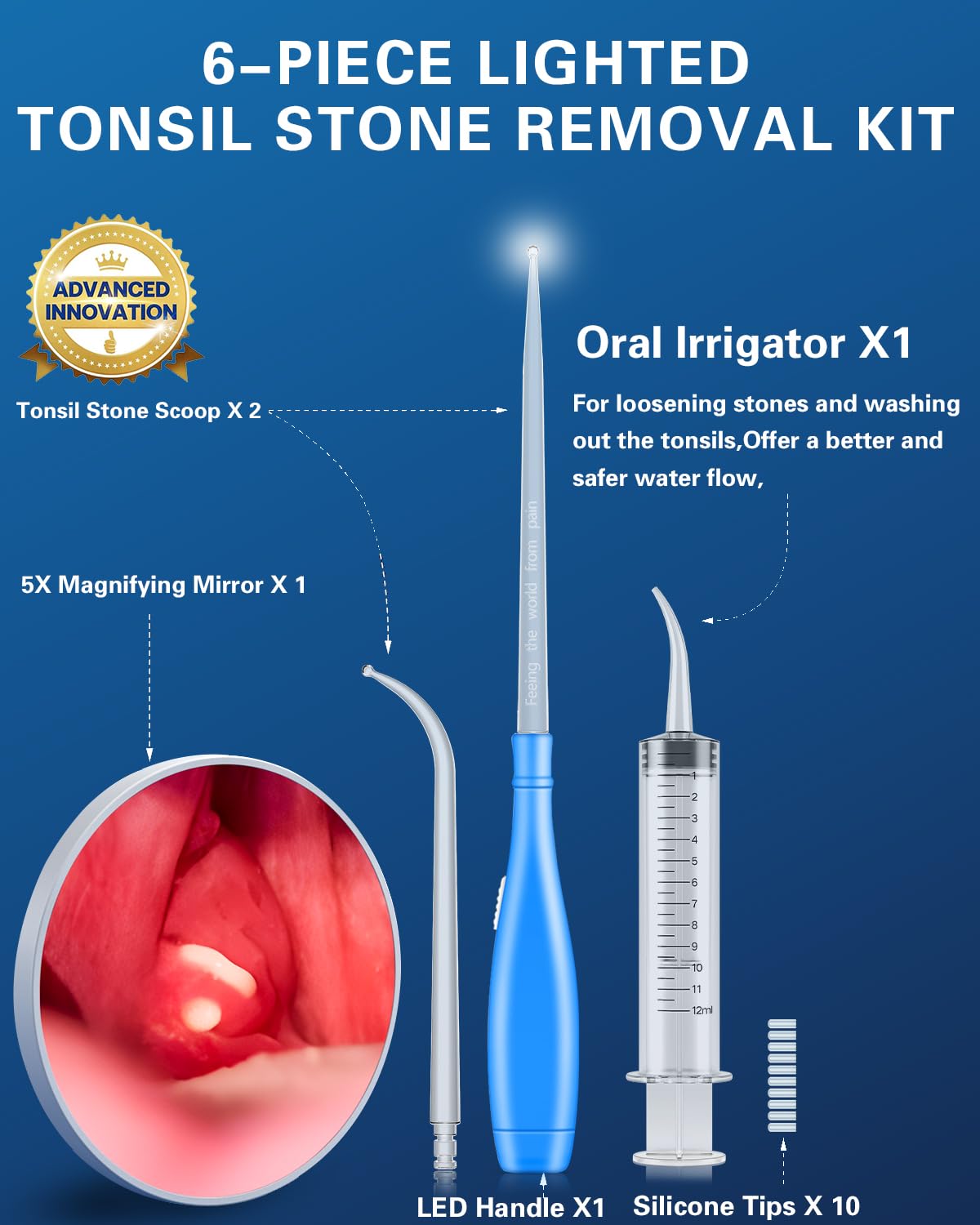 EVNRH Tonsil Stone Remover Extended LED Light Guiding Scoop Curved Tonsil Stone Removal Kit Fast Remove Tonsil Stone Water Flosser Oral Irrigator Rinse Tool Syringe Fresh Breath