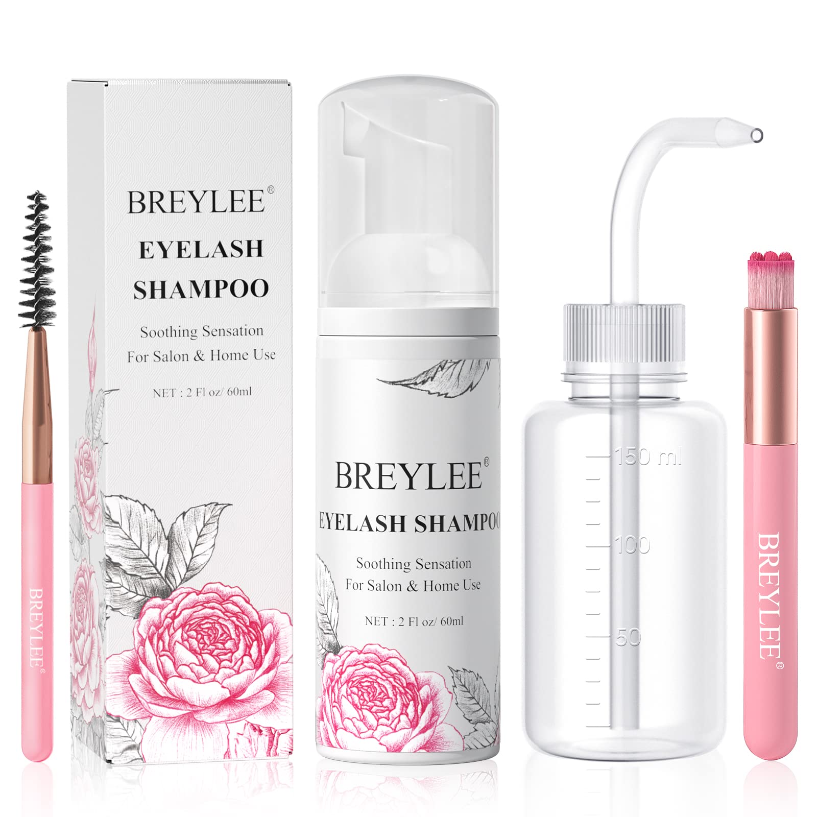 BREYLEE Shampoo for Lash Extensions, 60ml+Rinse Bottle+Brushes, Eyelash Extension Cleanser, Lash Wash Bath, Lash Cleaner for Makeup Cleansing Foams, Paraben & Sulfate Free for Salon and Home Use