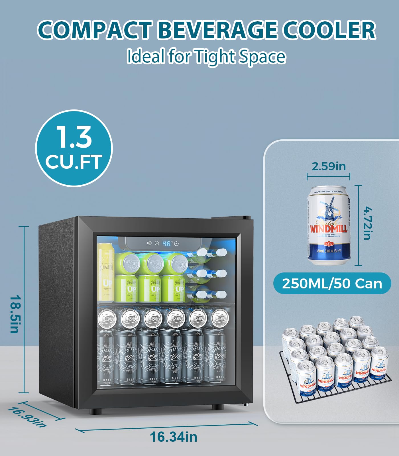 Electactic 50 Cans Beverage Refrigerator Cooler, 1.3 Cu.ft Mini Fridge Countertop Drink Cooler with Glass Door for Beer, Soda,Wine, Adjustable Digital Temperature Control for Home Dorm Bar, Black