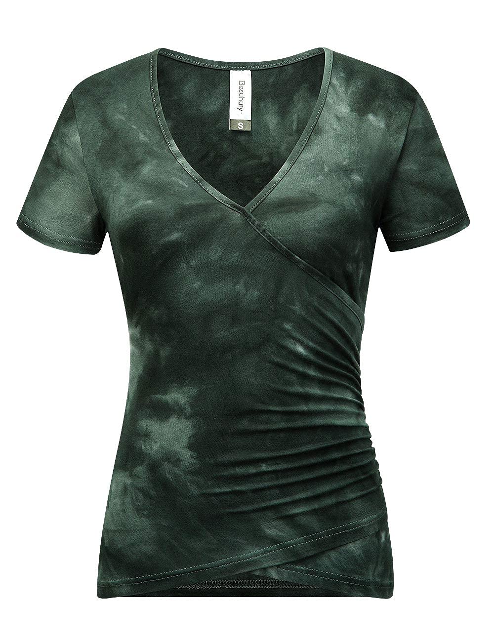 Beauhuty Tie Dye Shirts Womens Tops Deep V Neck Surplice Wrap Ruched Short Sleeve Fitted Tees (M, Short-Tie Dyed 02Green)