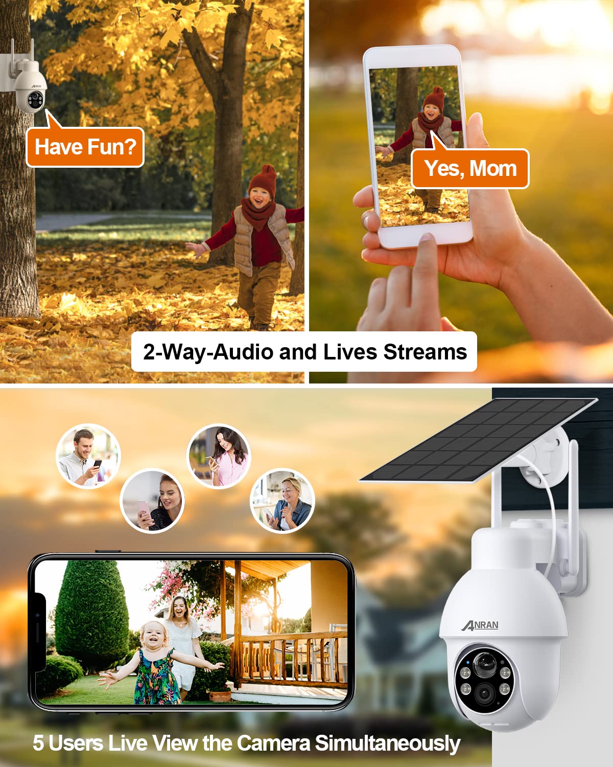 ANRAN 5MP Security Cameras Wireless Outdoor, Solar Security Camera Outdoor with 360° View, PIR, Battery Powered Cam 2.4G WiFi, Color Night Vision, 2-Way Audio, Compatible with Alexa, Q3 Max White